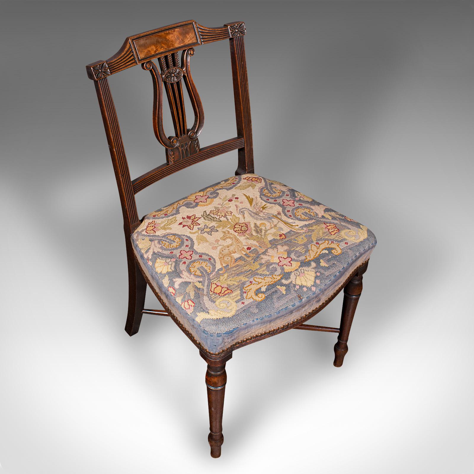 Textile Antique Embroidered Chair, English, Walnut, Needlepoint, Bedroom, Hall, Regency For Sale
