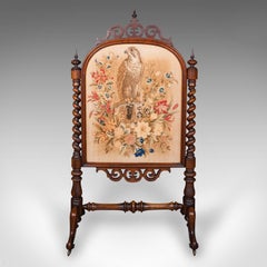Antique Embroidered Fire Screen, English, Walnut, Needlepoint, Early Victorian