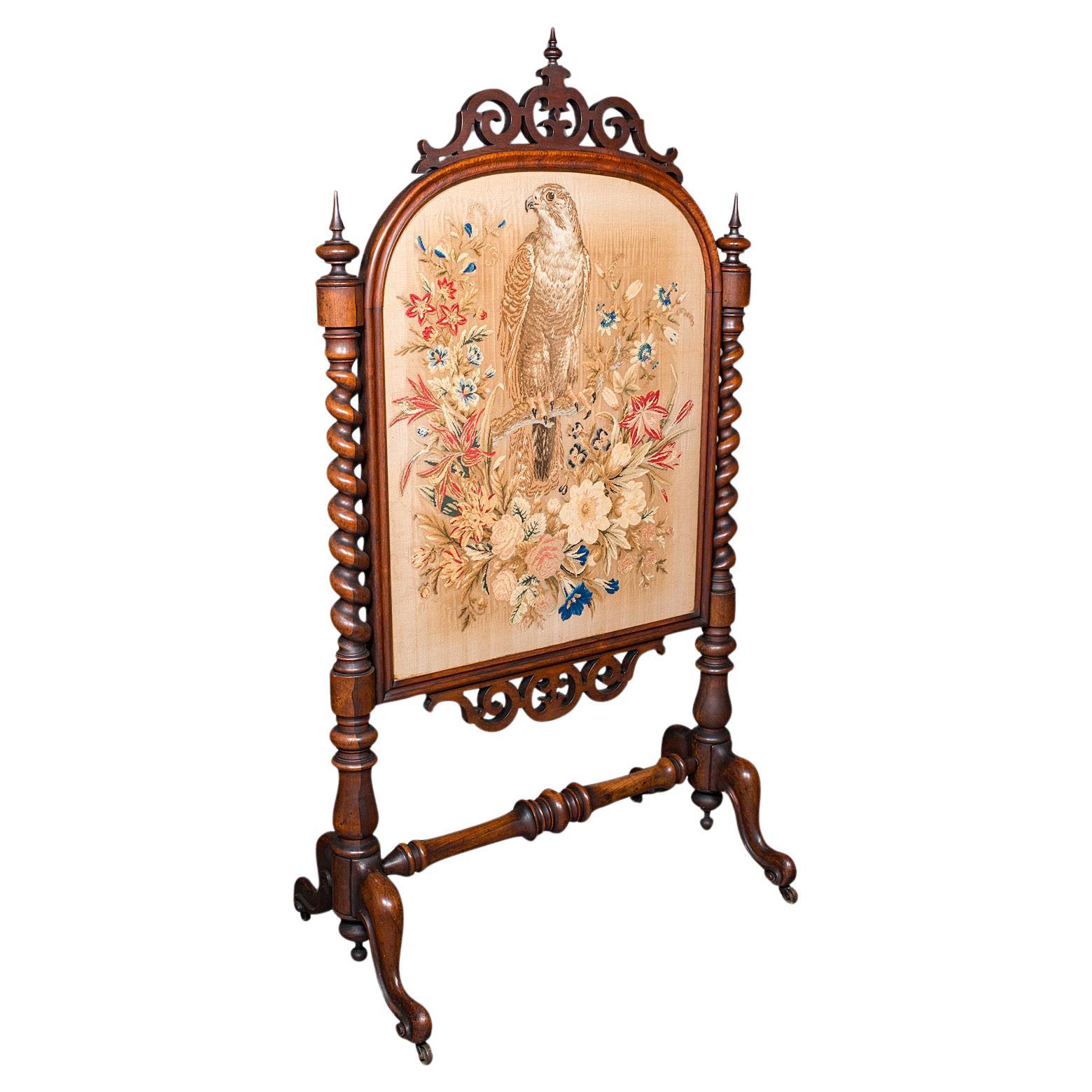 Antique Embroidered Fire Screen, English, Walnut, Needlepoint, Early Victorian