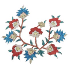 Antique Embroidered Floral Red and Blue Applique Textile