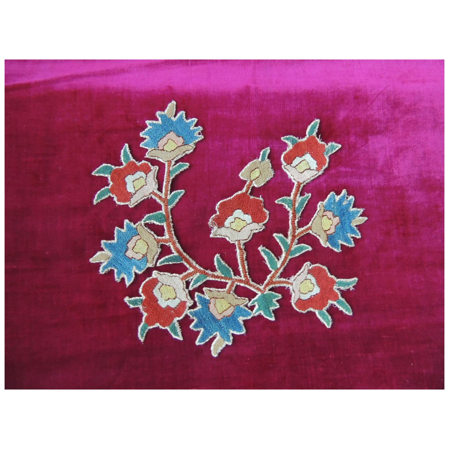 Antique English Red and Gold Applique Embroidered Scrolling Leaves on