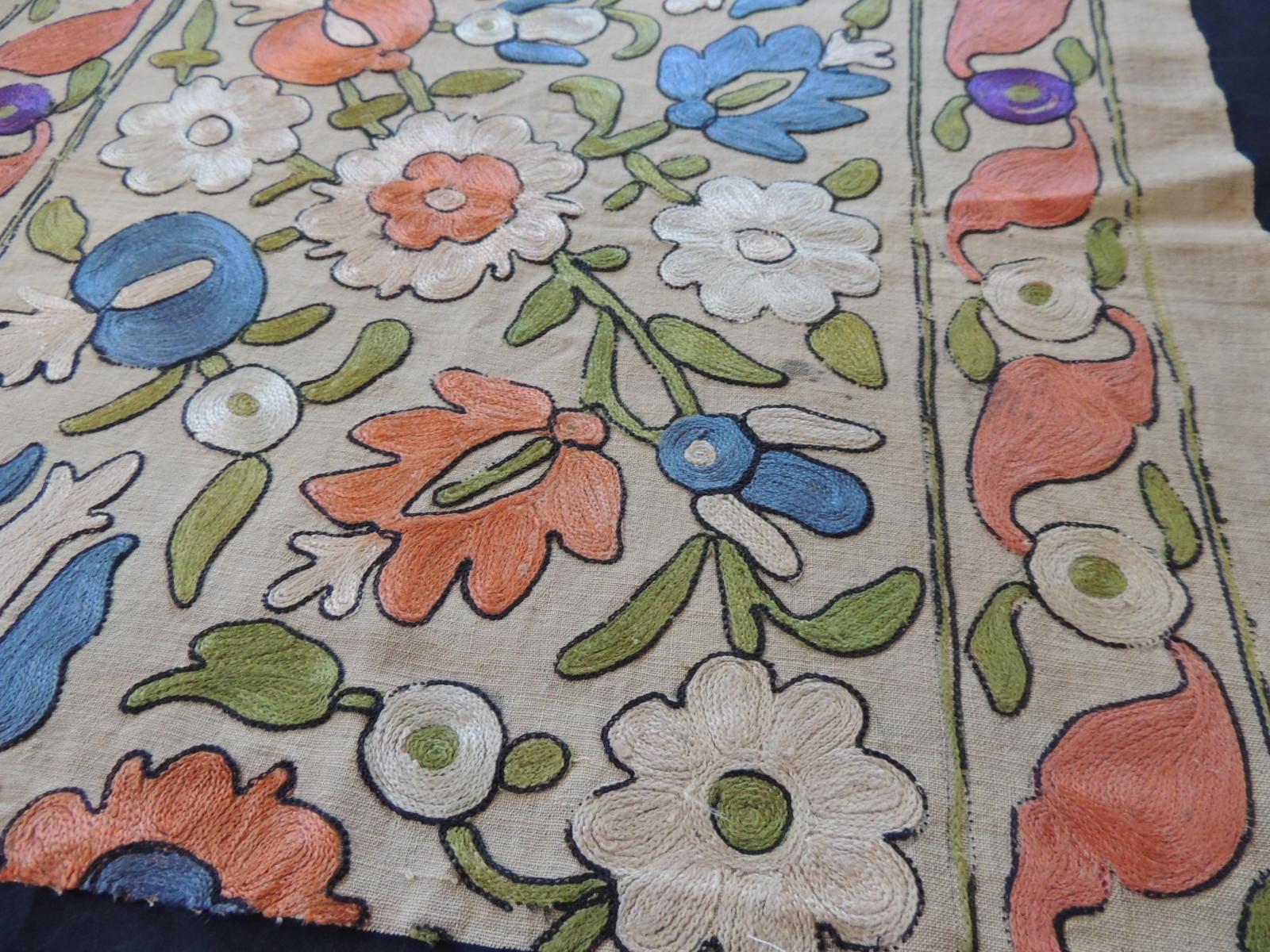 Uzbek Antique Embroidered Floral Silk Suzani Textile Fragment