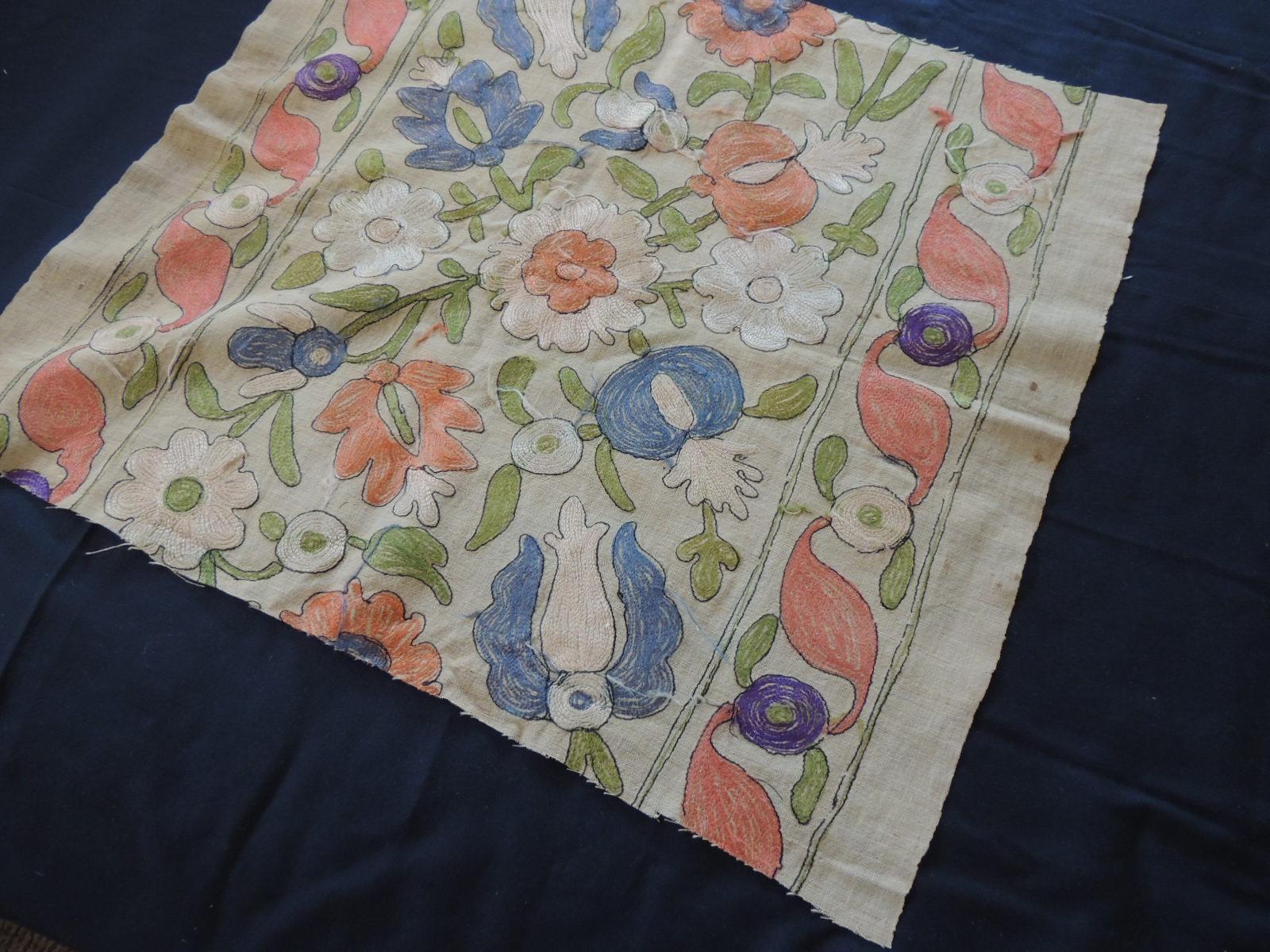 Hand-Crafted Antique Embroidered Floral Silk Suzani Textile Fragment