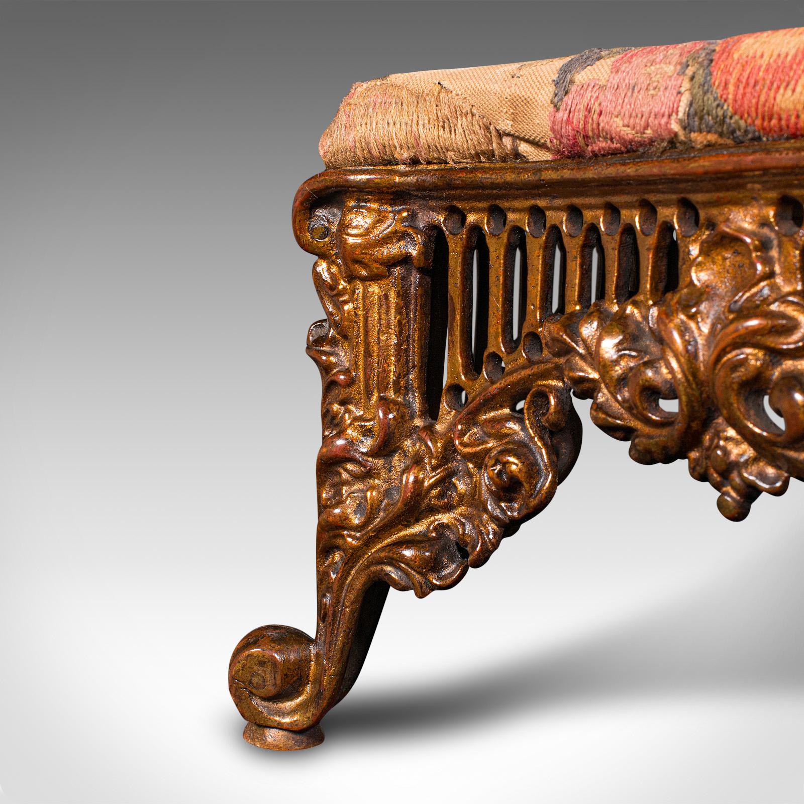 Antique Embroidered Footstool, English, Gilt Brass, Fireside, Stool, Victorian 4