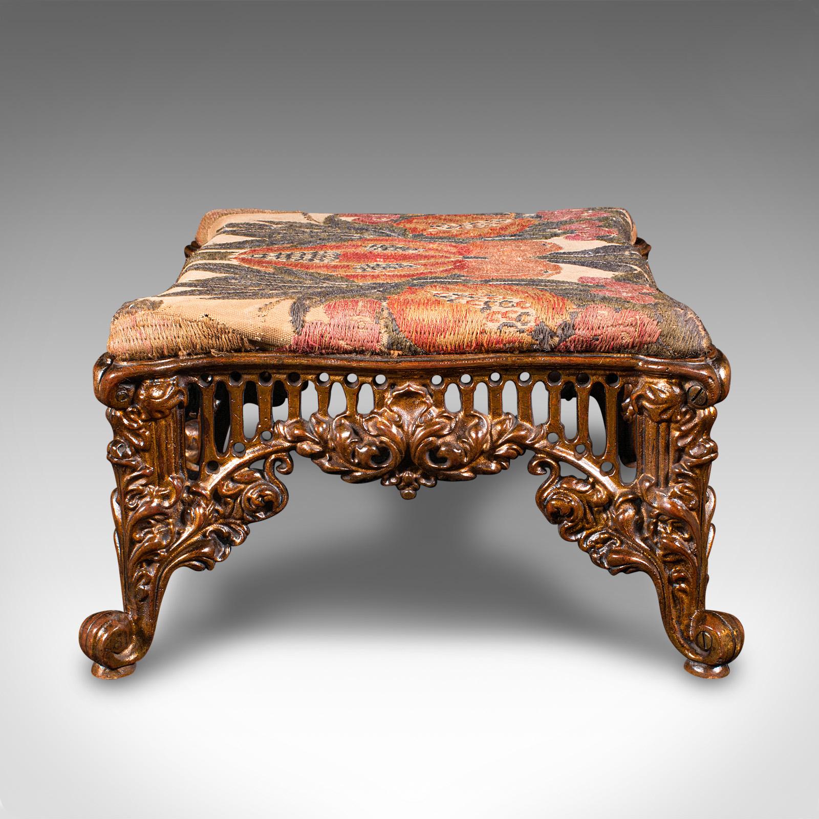 Early Victorian Antique Embroidered Footstool, English, Gilt Brass, Fireside, Stool, Victorian
