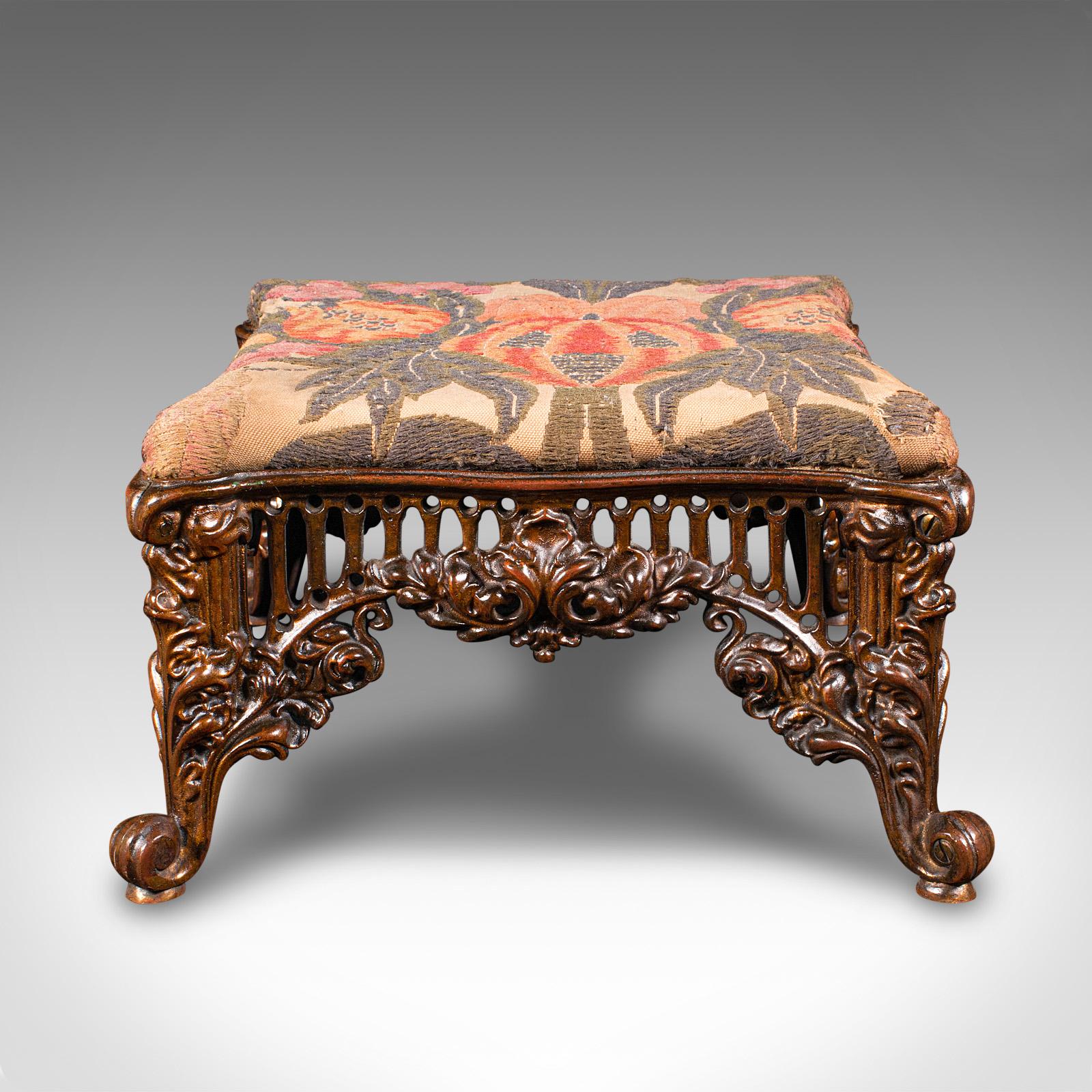 British Antique Embroidered Footstool, English, Gilt Brass, Fireside, Stool, Victorian