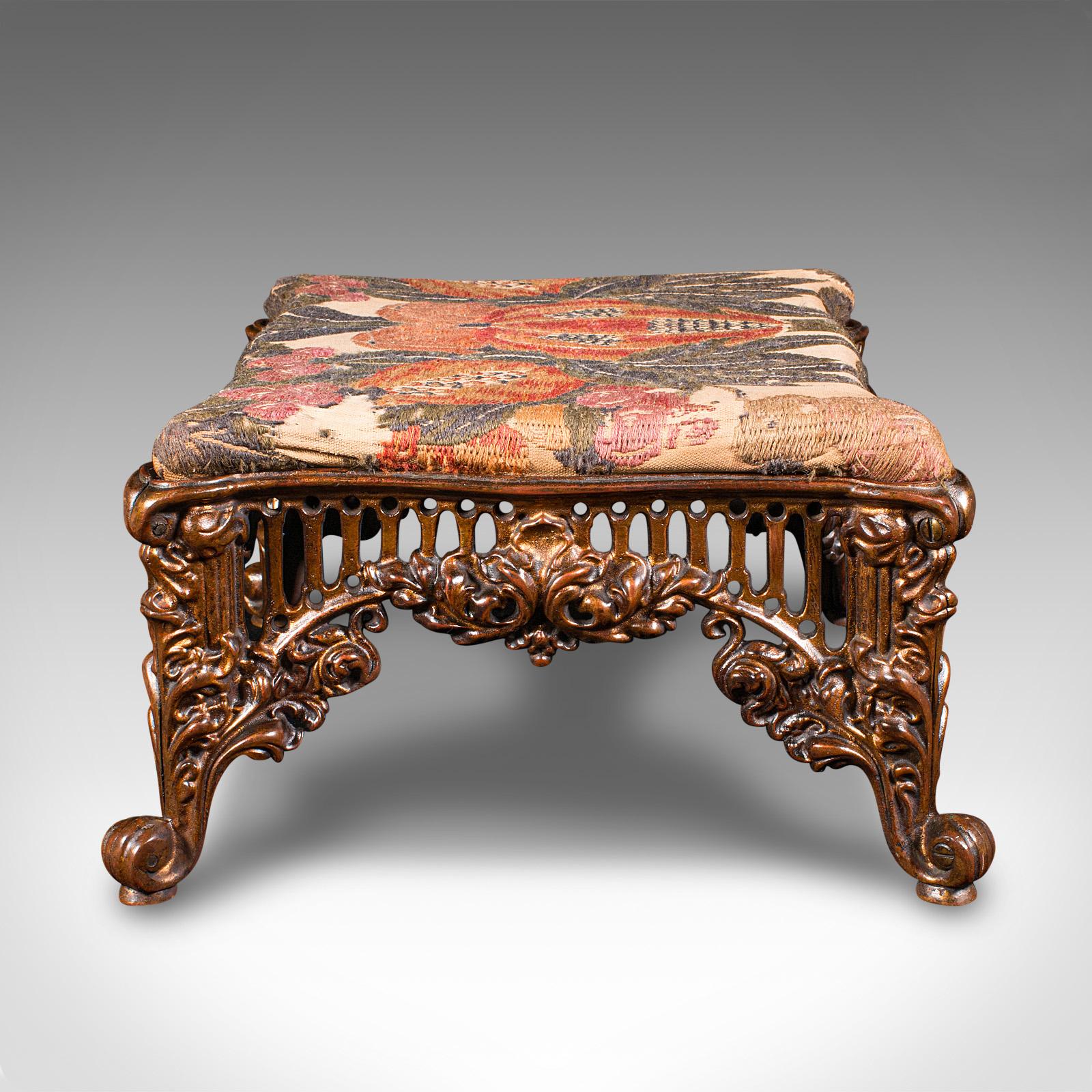 Antique Embroidered Footstool, English, Gilt Brass, Fireside, Stool, Victorian In Good Condition In Hele, Devon, GB