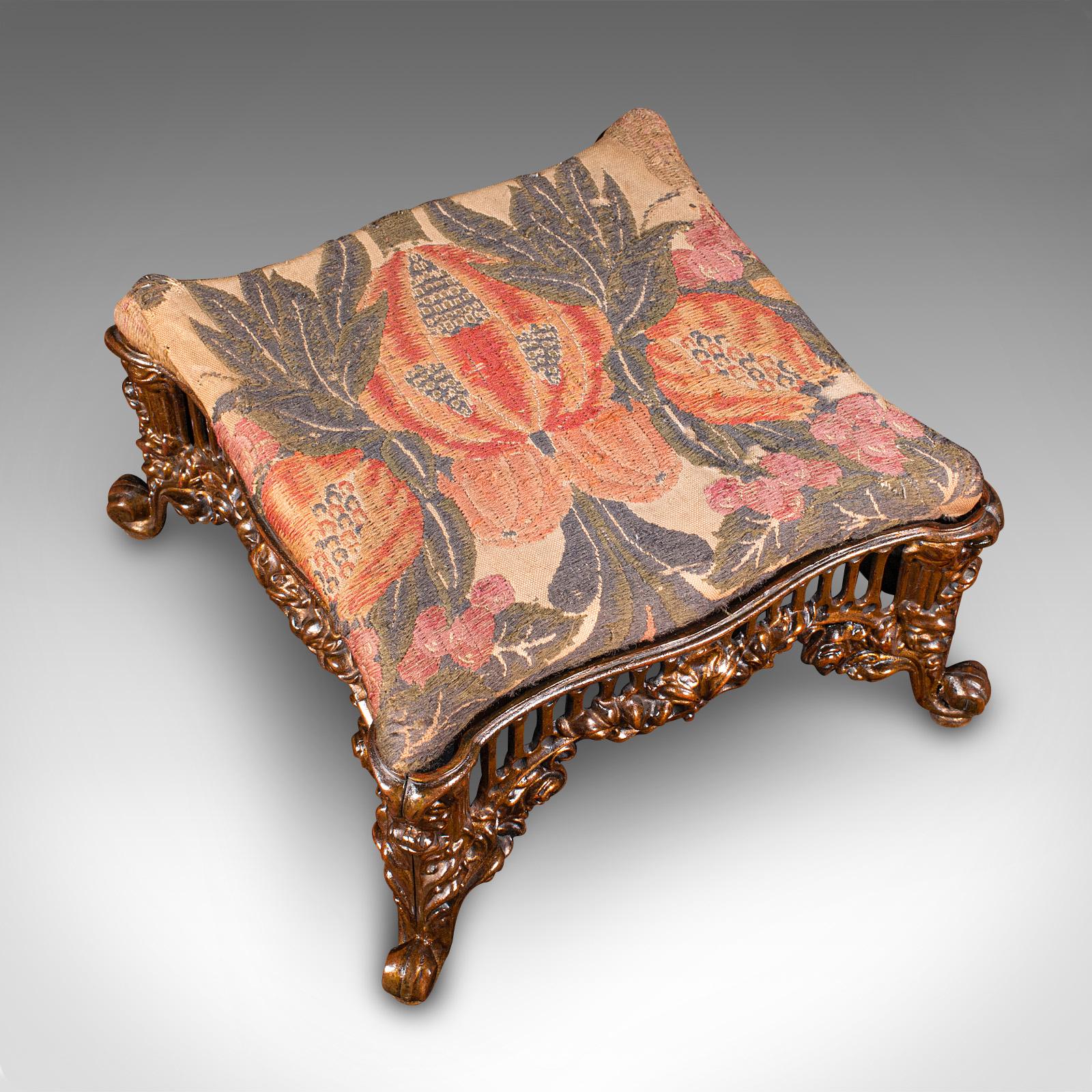 19th Century Antique Embroidered Footstool, English, Gilt Brass, Fireside, Stool, Victorian