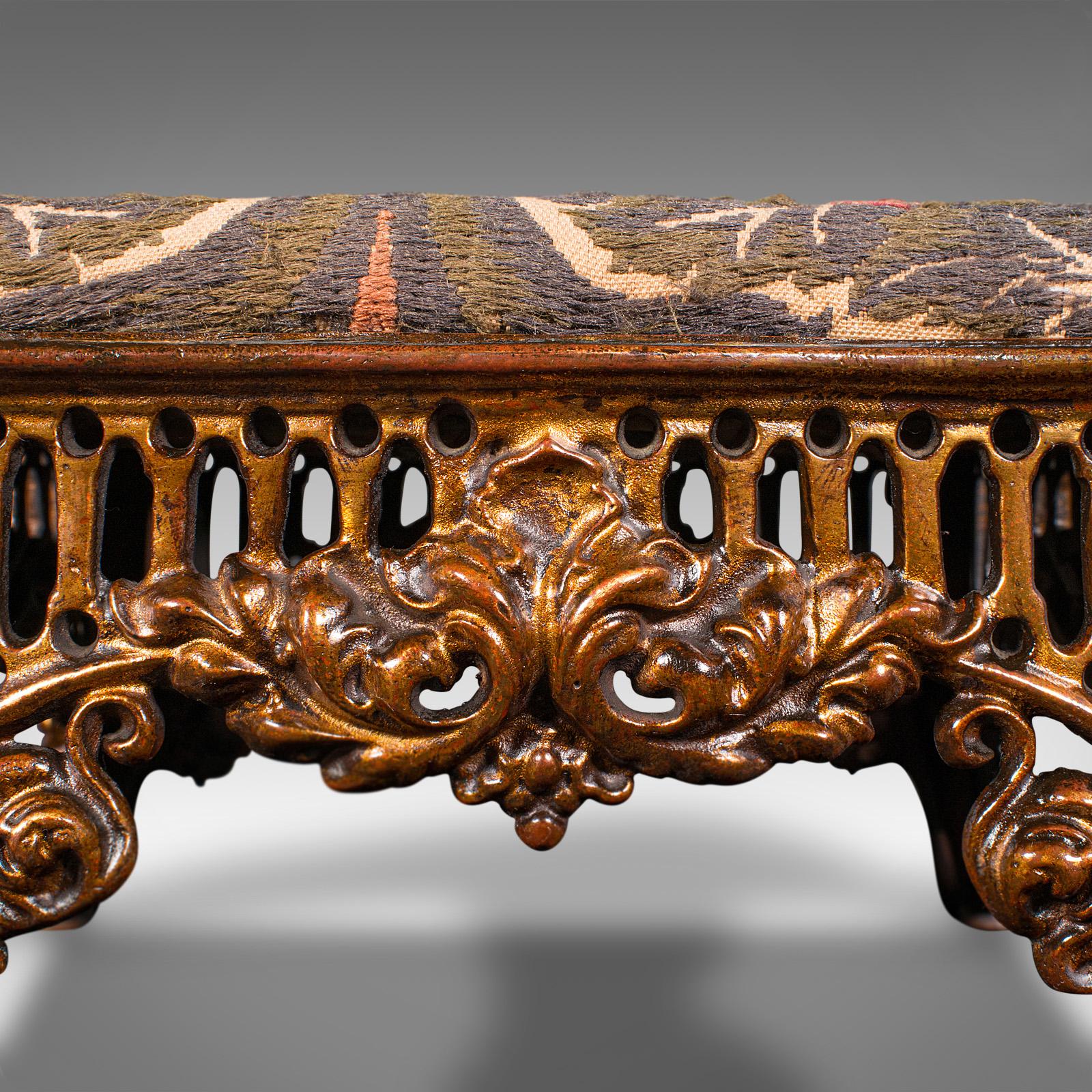 Antique Embroidered Footstool, English, Gilt Brass, Fireside, Stool, Victorian 2