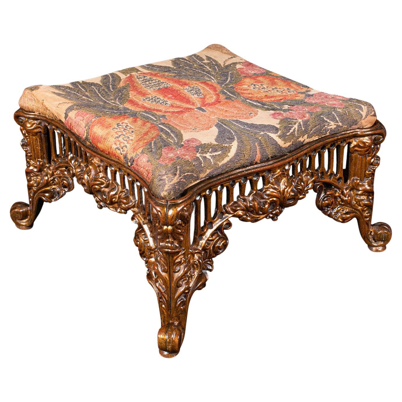 Antique Embroidered Footstool, English, Gilt Brass, Fireside, Stool, Victorian