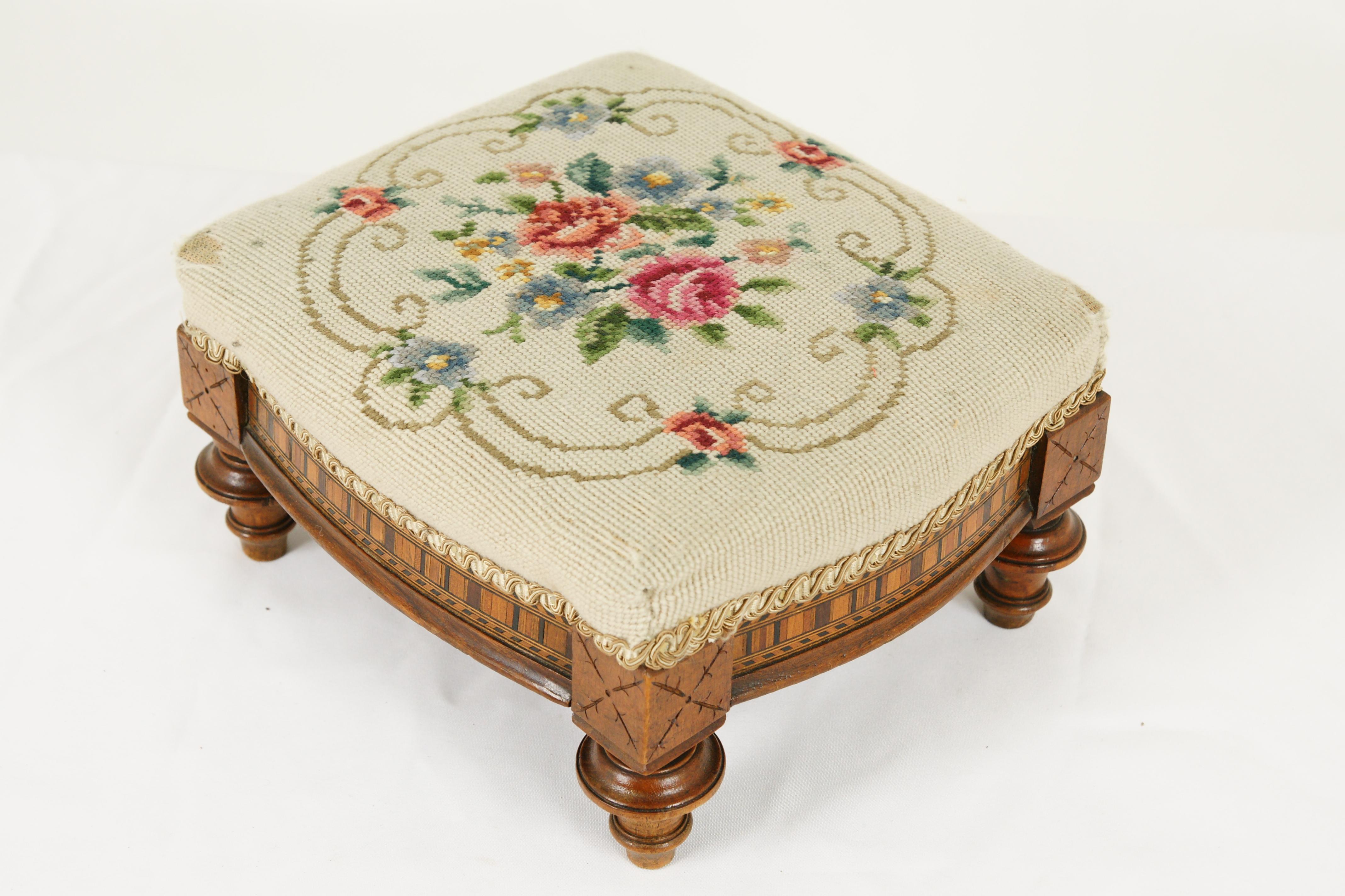 Antique embroidered footstool, low foot stool, needlepoint footstool, Victorian, inlaid, Scotland 1880, B1733

Scotland 1880
Solid walnut with satinwood veneer
Original finish
Shaped top with needlepoint, features a foliate theme
Inlaid frame