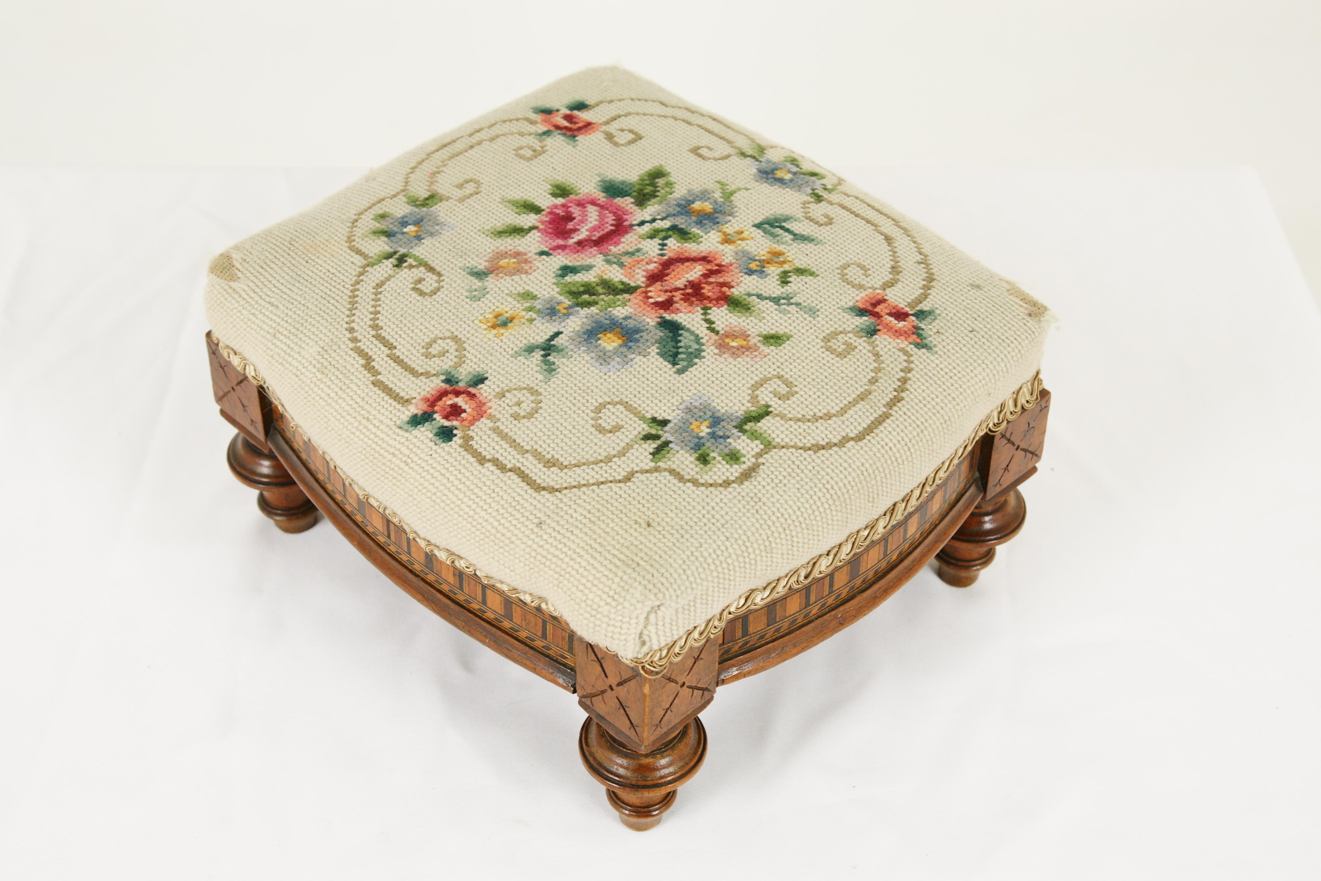 Hand-Crafted Antique Embroidered Footstool, Needlepoint, Victorian, Scotland 1880, B1733