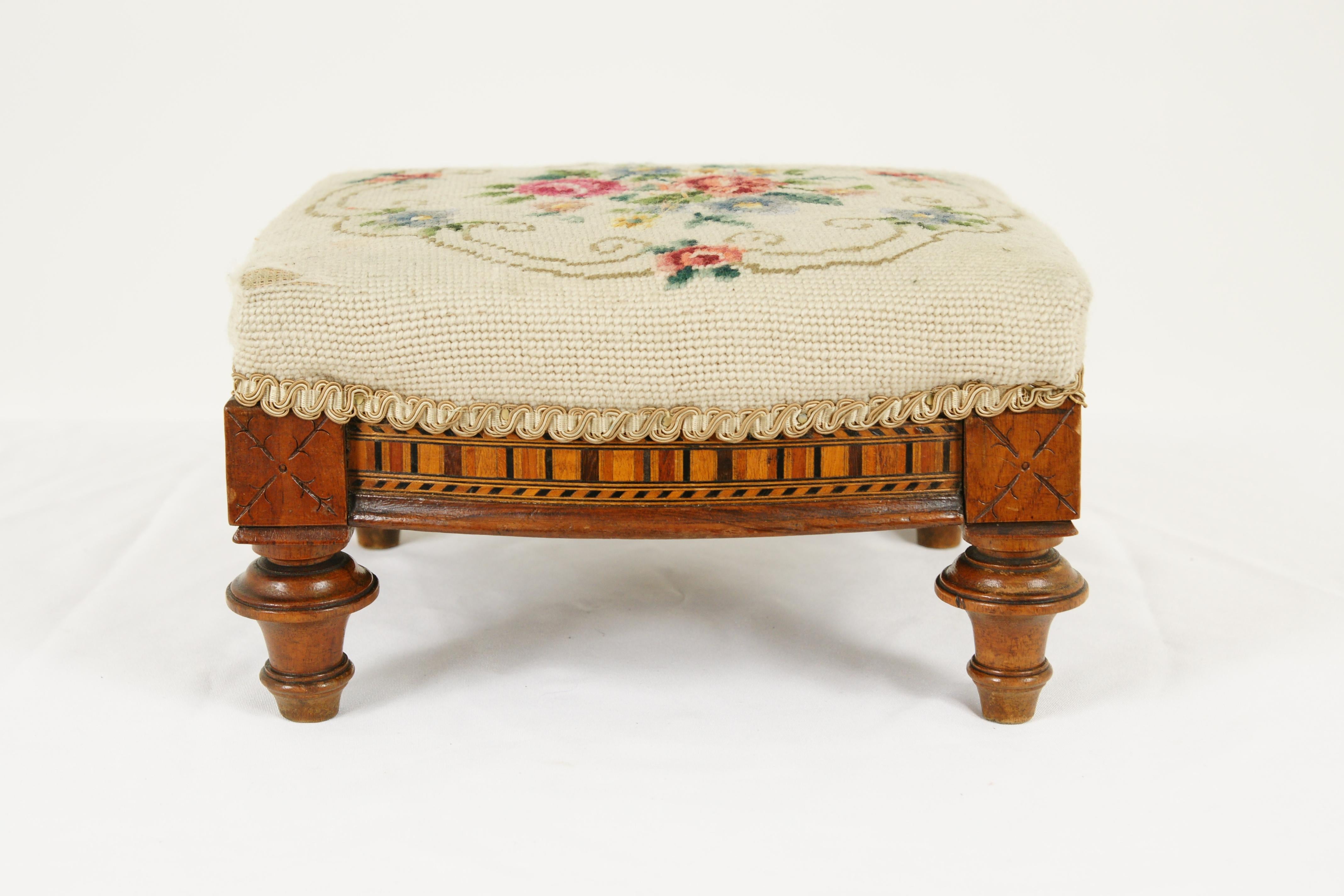Antique Embroidered Footstool, Needlepoint, Victorian, Scotland 1880, B1733 In Good Condition In Vancouver, BC