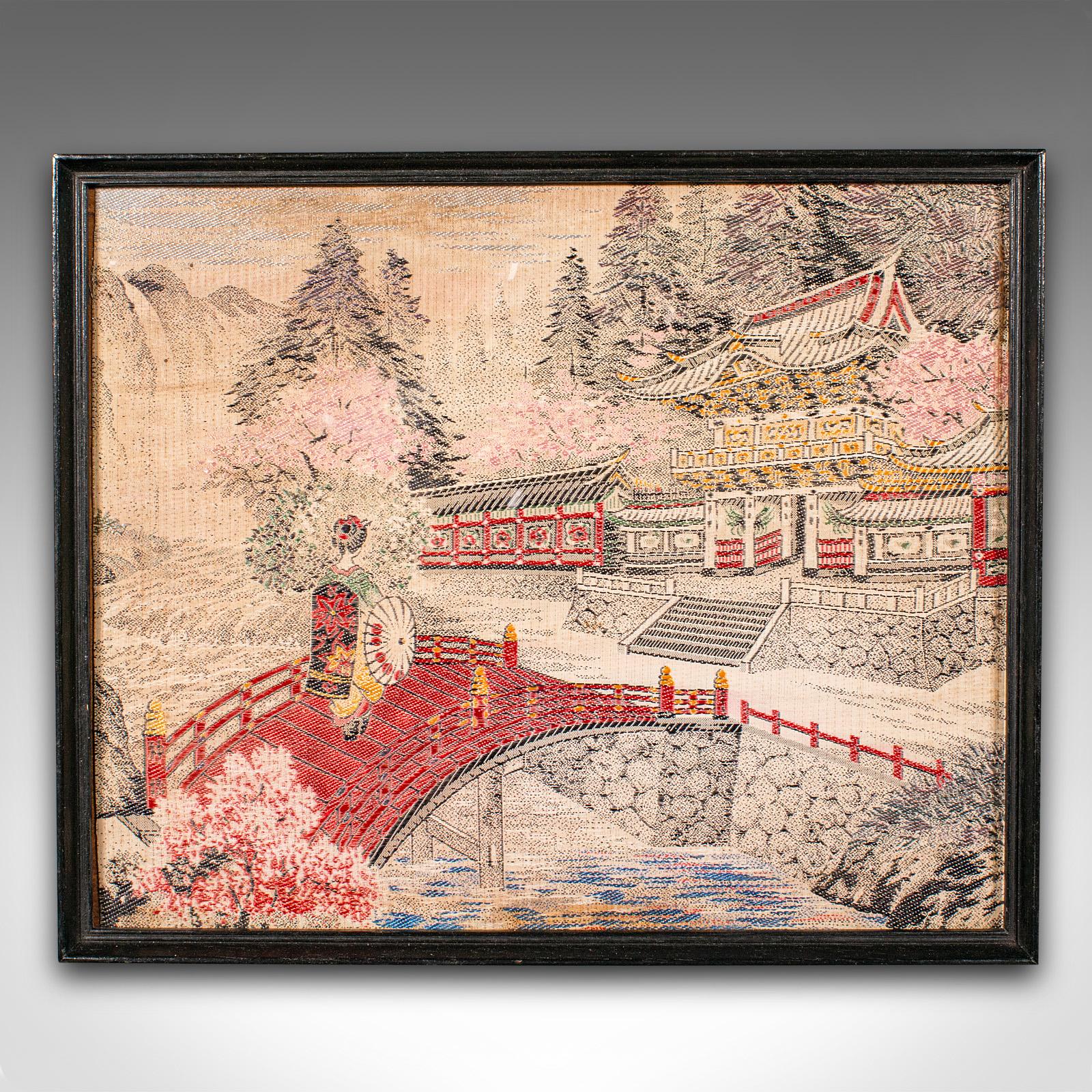 This is a charming antique Victorian period embroidered artwork, showcasing delicate Japanese craftsmanship, circa 1870. This delightful silk cotton panel captures a serene landscape, rich in traditional iconography.

Finely embroidered Japanese
