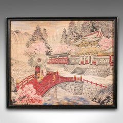 Antique Embroidered Landscape Scene, Japanese Needlepoint Panel, Victorian Art