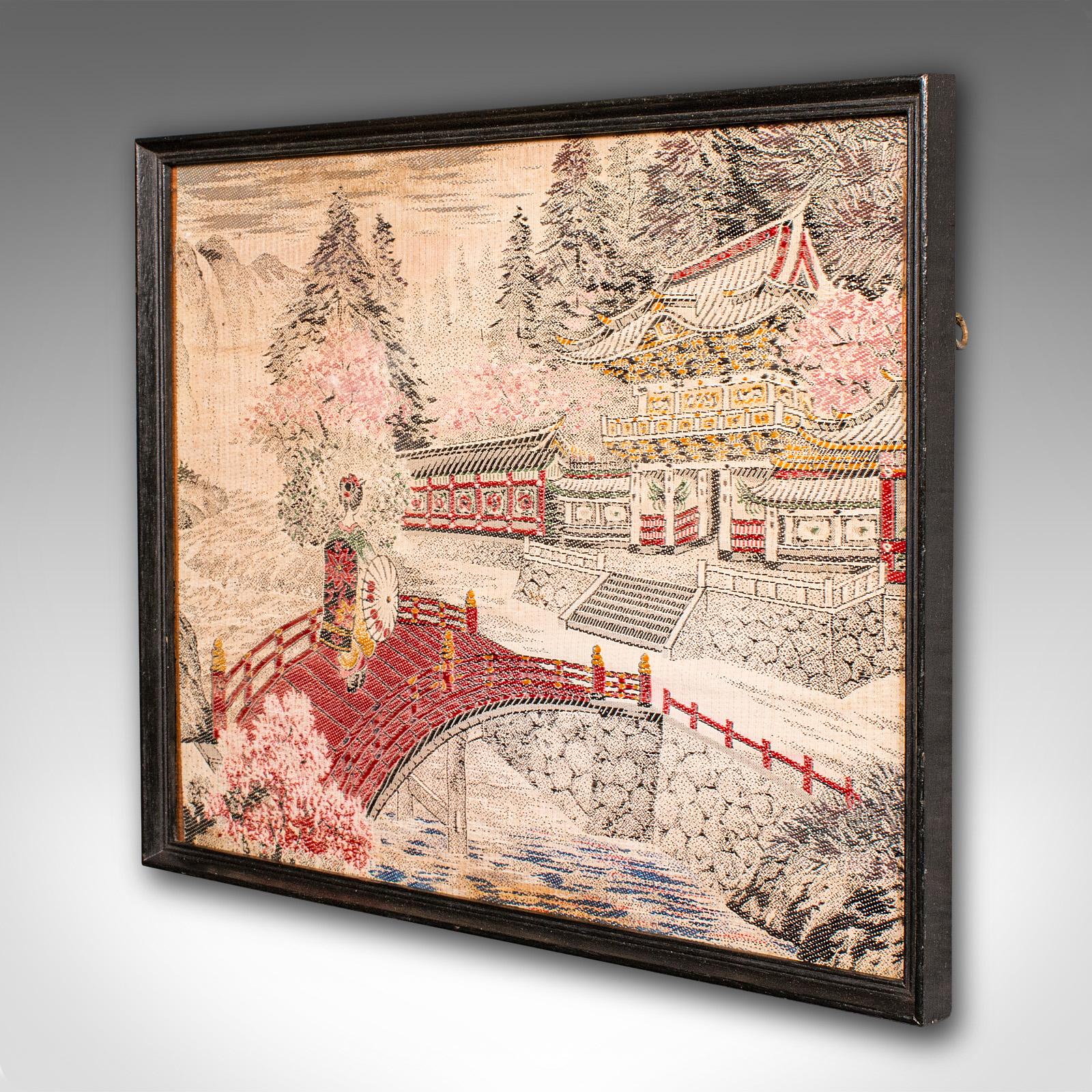Meiji Antique Embroidered Landscape Scene, Japanese Needlepoint Panel, Victorian Art For Sale