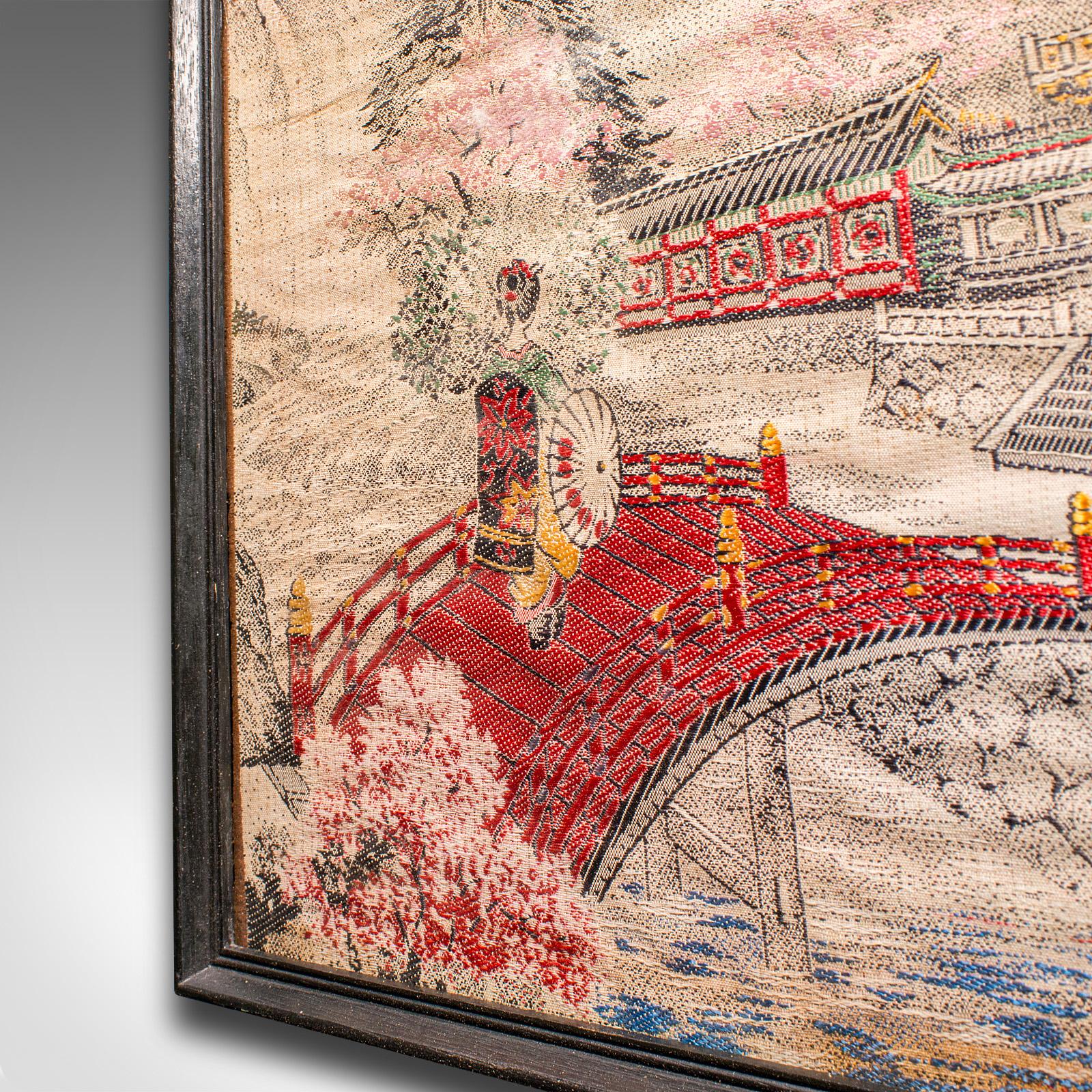 Cotton Antique Embroidered Landscape Scene, Japanese Needlepoint Panel, Victorian Art For Sale