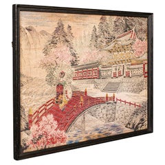 Ancienne scène de paysage brodée, panneau japonais à l'aiguille, art victorien