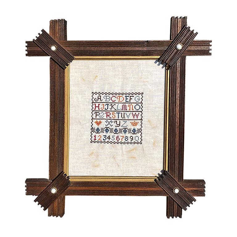 Antique Embroidered Needlepoint Sampler in Gothic Starburst Frame & Stone Beads For Sale