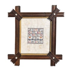 Vintage Embroidered Needlepoint Sampler in Gothic Starburst Frame & Stone Beads