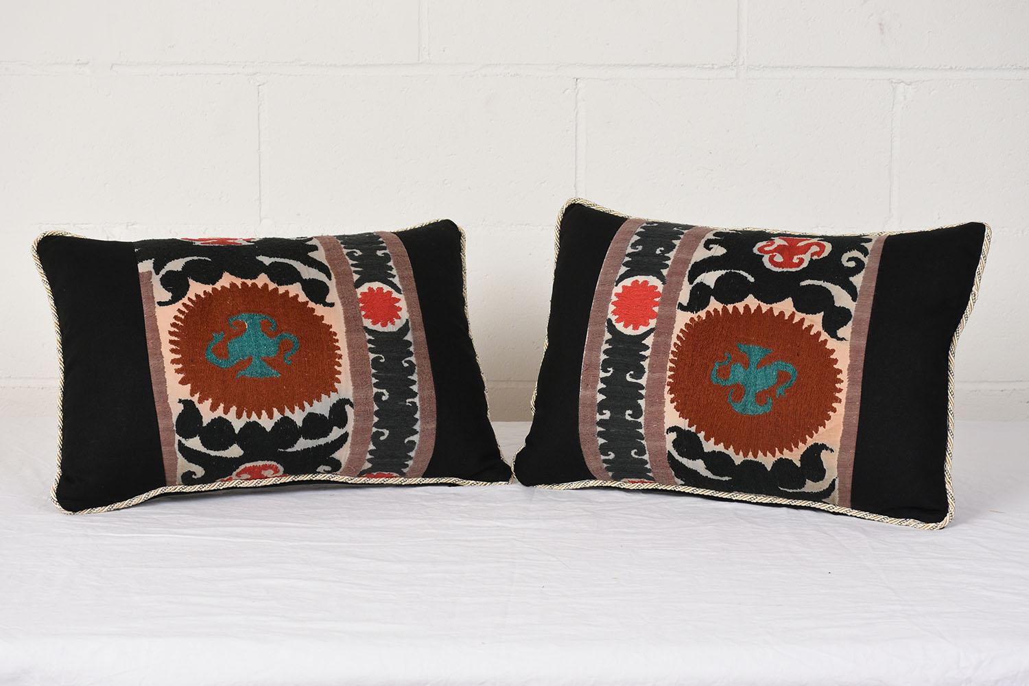 Antique Embroidered Nim Suzani Pillows with Black Linen 2