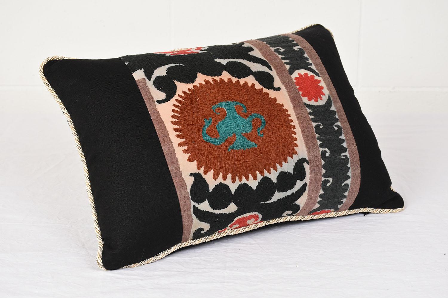Antique Embroidered Nim Suzani Pillows with Black Linen 4