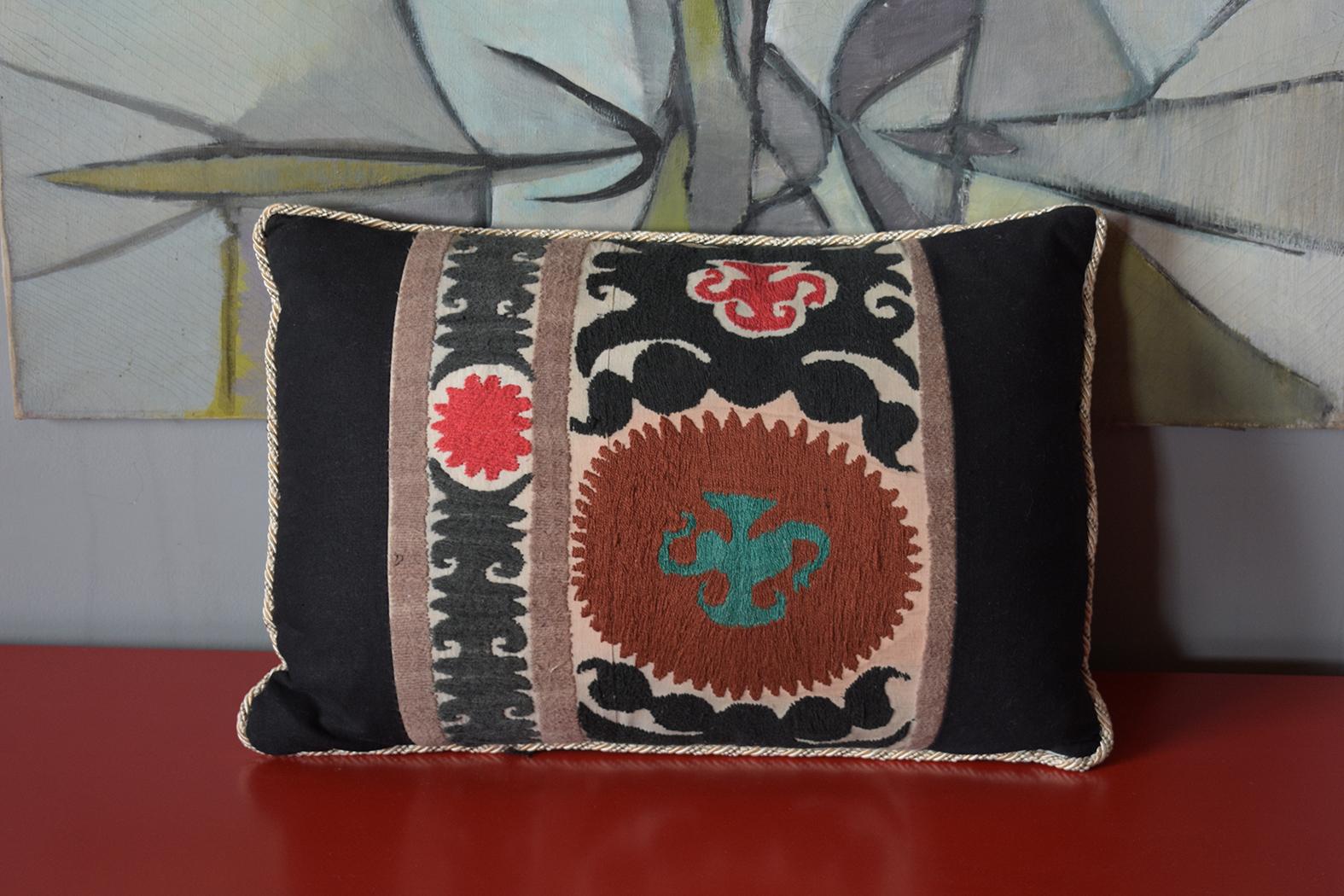 Arts and Crafts Antique Embroidered Nim Suzani Pillows with Black Linen