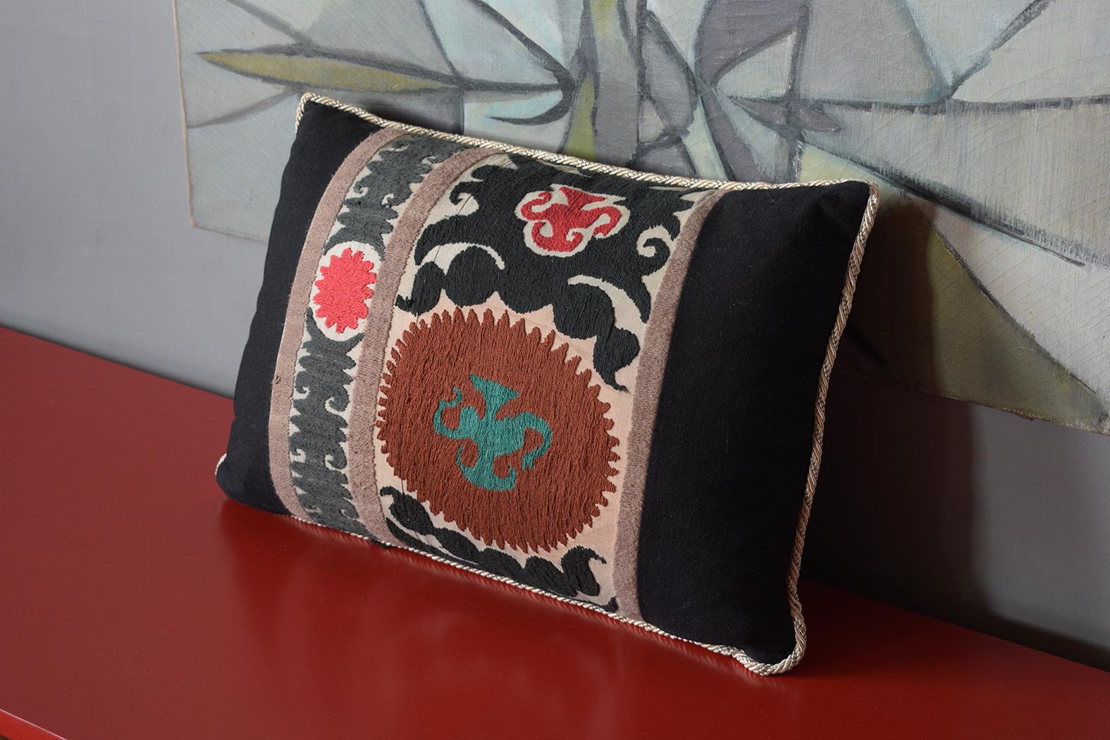 Uzbek Antique Embroidered Nim Suzani Pillows with Black Linen