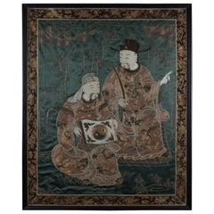 Antique Embroidered Silk Asian Portrait of Wisemen Yin & Yang, Framed