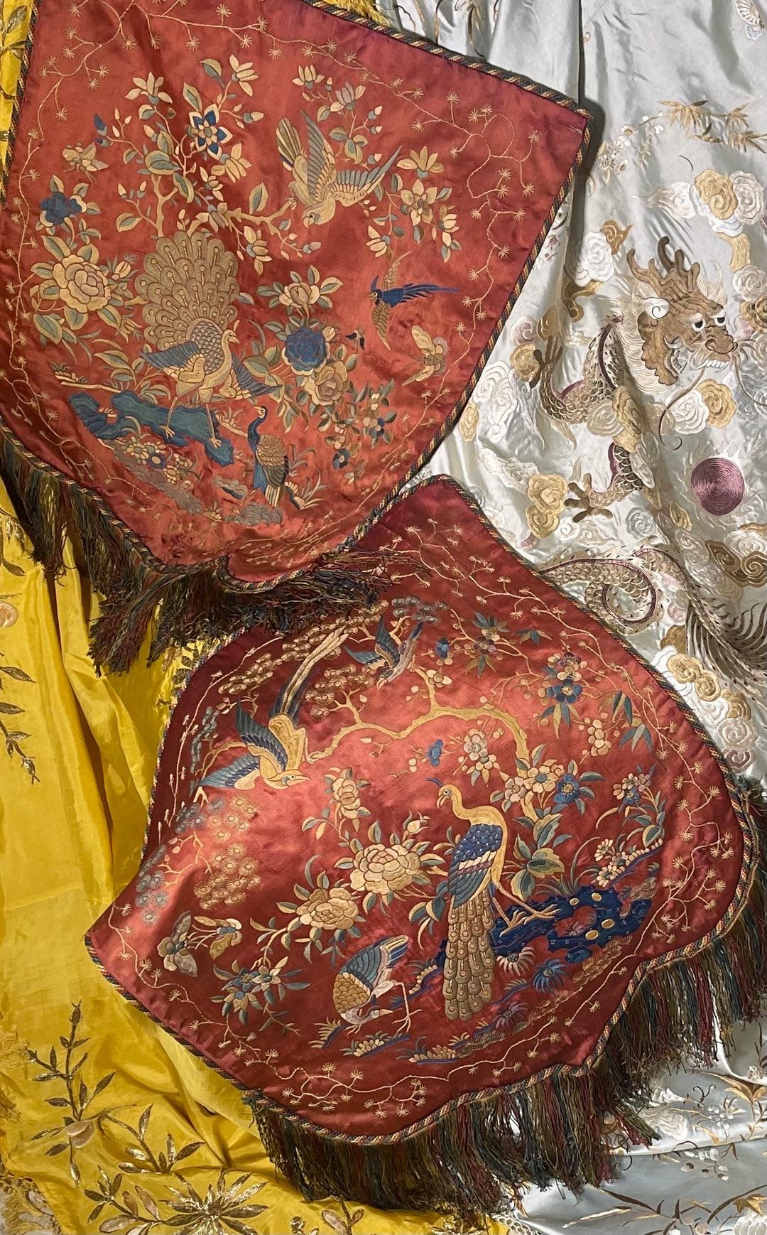 A pair of Antique Chinese Silk Banners
Skillfully embroidered with Birds and Prunus Blossom

Edged with antique cording, finished on bottom edge with very fine quality Chinese silk tassel trim
Original cotton backing

Dating from 19th century

There