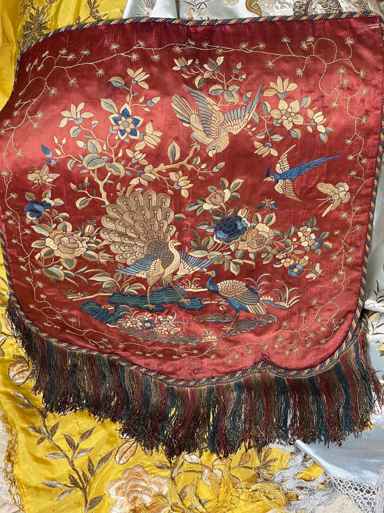 Chinese Export Antique Embroidered Silk Banners PAIR For Sale
