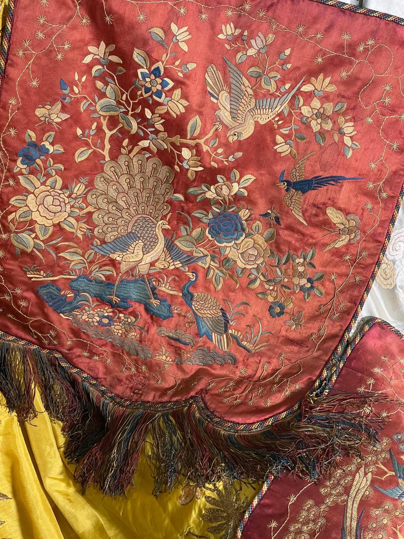Hand-Crafted Antique Embroidered Silk Banners PAIR For Sale