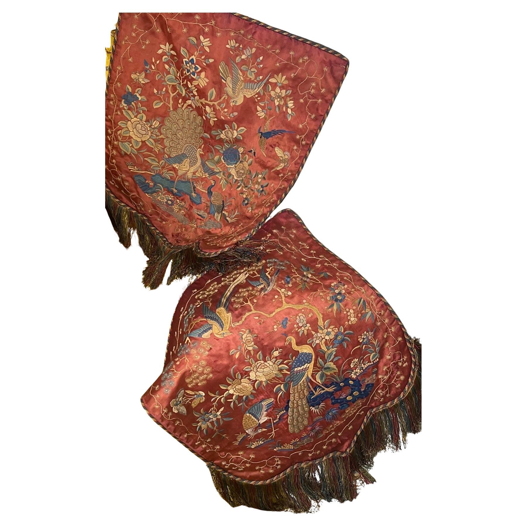 Antique Embroidered Silk Banners PAIR