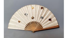Antique embroidered silk blend hand fan, Animals, dogs and horse