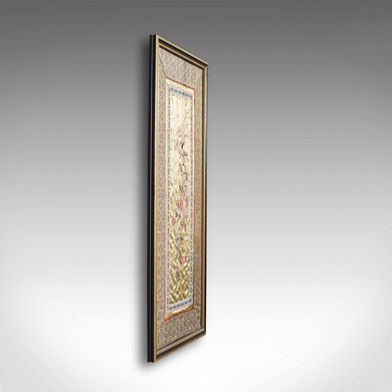 19th Century Antique Embroidered Silk Panel, Chinese, Framed Decorative Needlepoint Tapestry