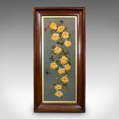 Antique Embroidered Silk Panel, Oriental, Chestnut, Decorative, Victorian, 1900
