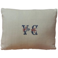 Antique Embroidery and Monogram V.C. Petite Lumbar Decorative Pillow