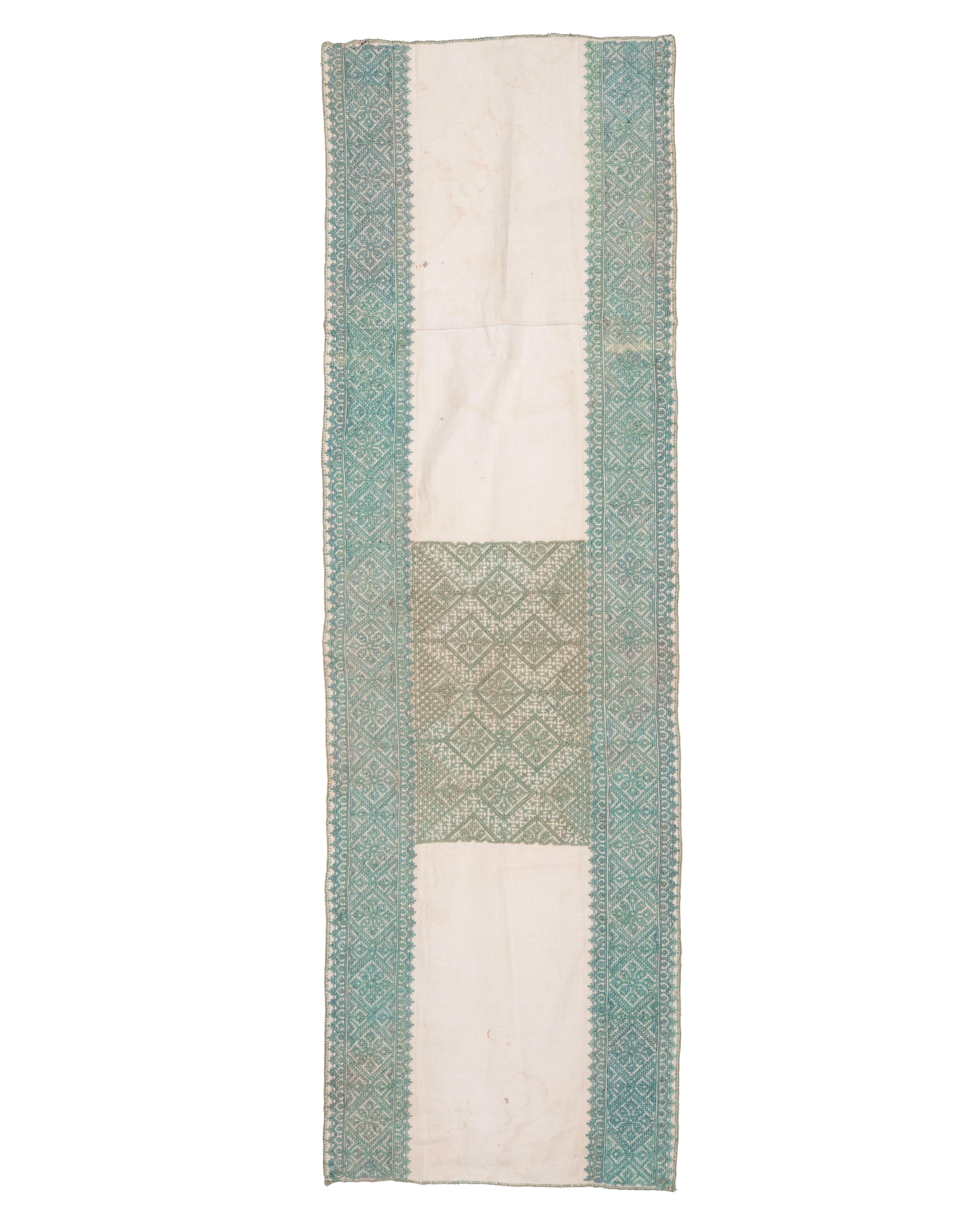 Fez embroidery was among the most sophisticated textile arts of Morocco, practiced by women in domestic settings and highly prized as part of marriage furnishings. The geometric patterning resonates with Andalusian and Islamic artistic traditions,