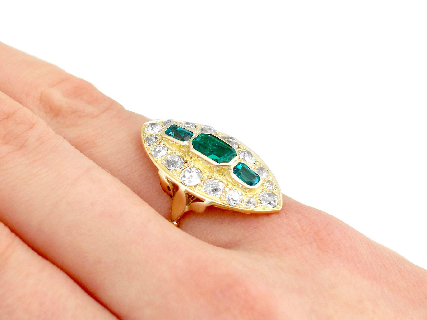 Antique Emerald 2.05 Carat Diamond Yellow Gold Marquise Ring For Sale 2