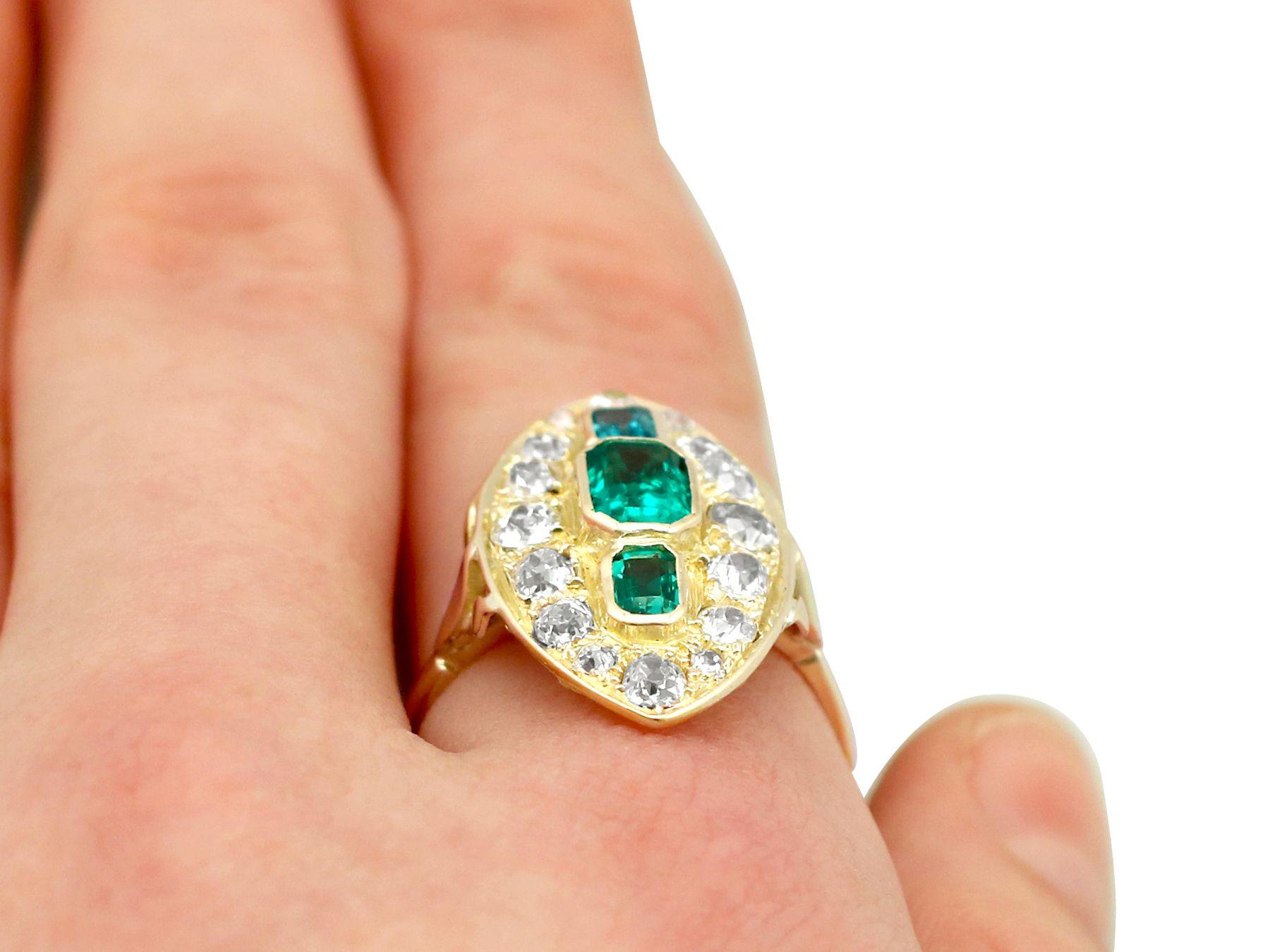 Antique Emerald 2.05 Carat Diamond Yellow Gold Marquise Ring For Sale 3