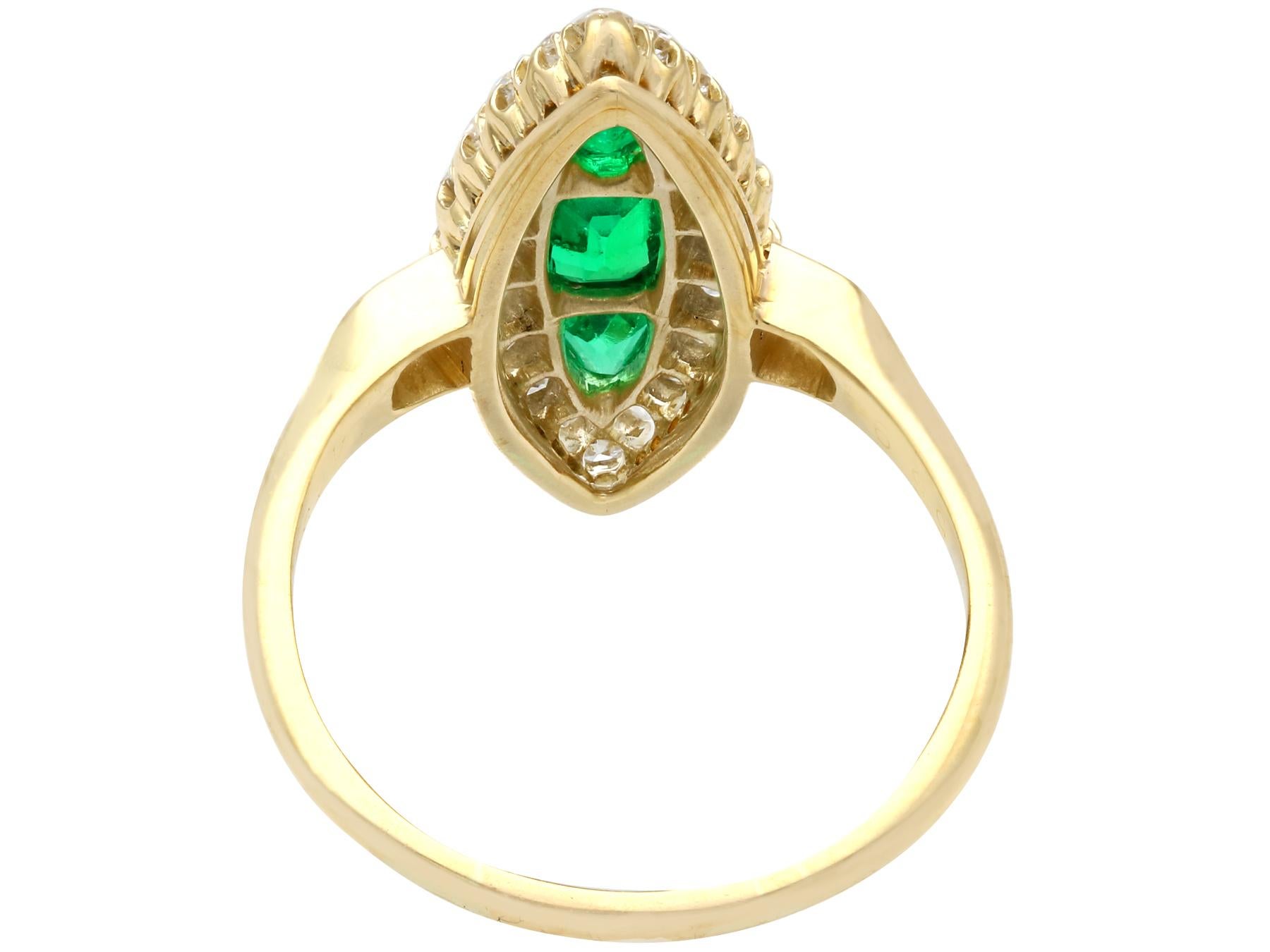 Antique Emerald and 1.38Ct Diamond Yellow Gold Marquise Shaped Ring In Excellent Condition For Sale In Jesmond, Newcastle Upon Tyne