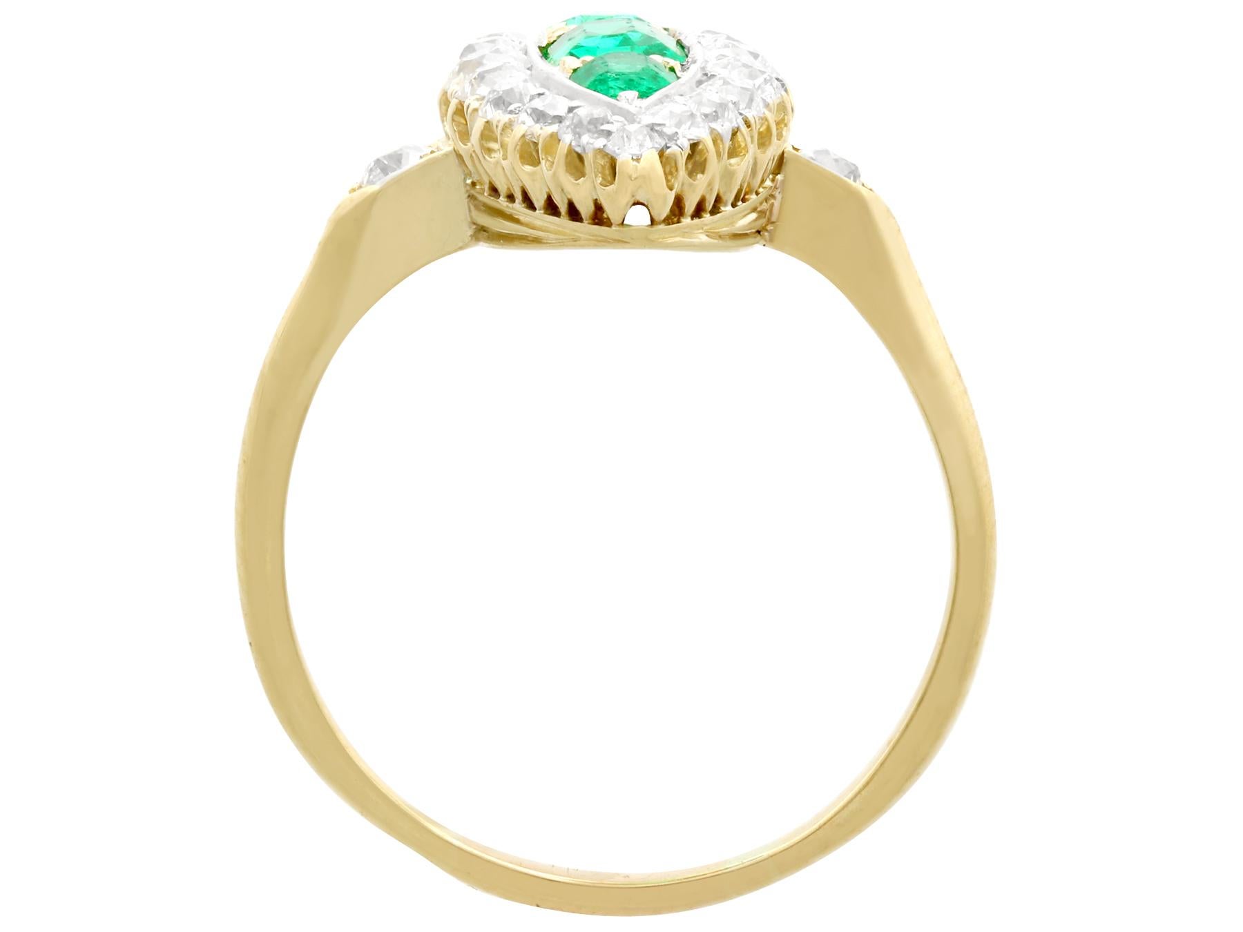 Women's Antique Emerald and 1.38Ct Diamond Yellow Gold Marquise Shaped Ring For Sale