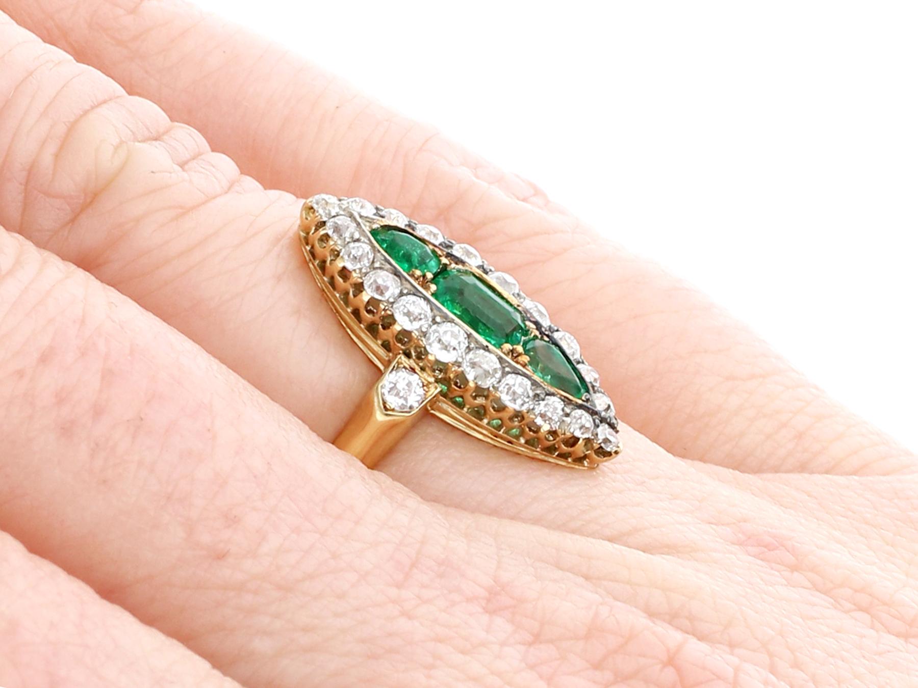 Antique Emerald and 1.38Ct Diamond Yellow Gold Marquise Shaped Ring For Sale 3