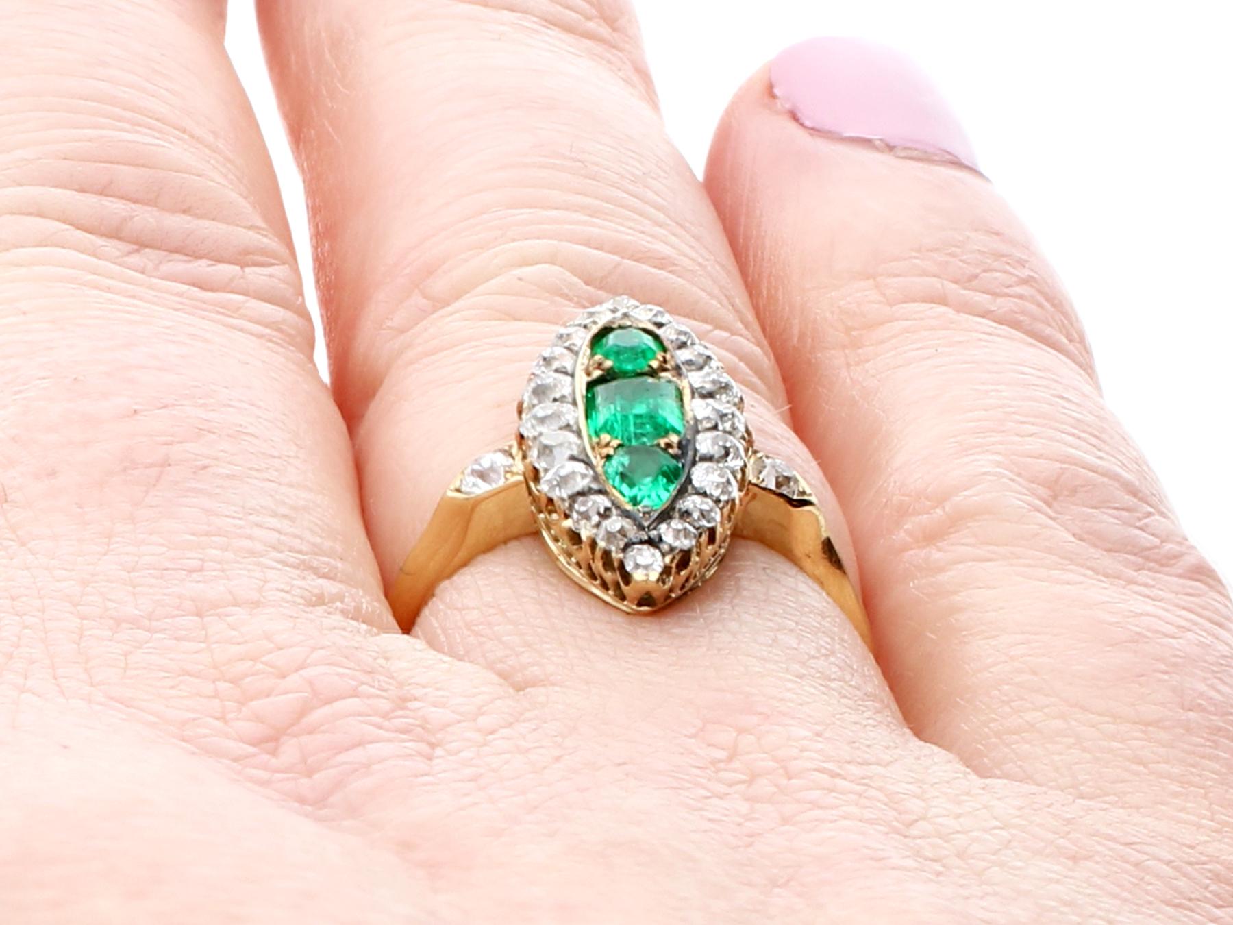 Antique Emerald and 1.38Ct Diamond Yellow Gold Marquise Shaped Ring For Sale 4