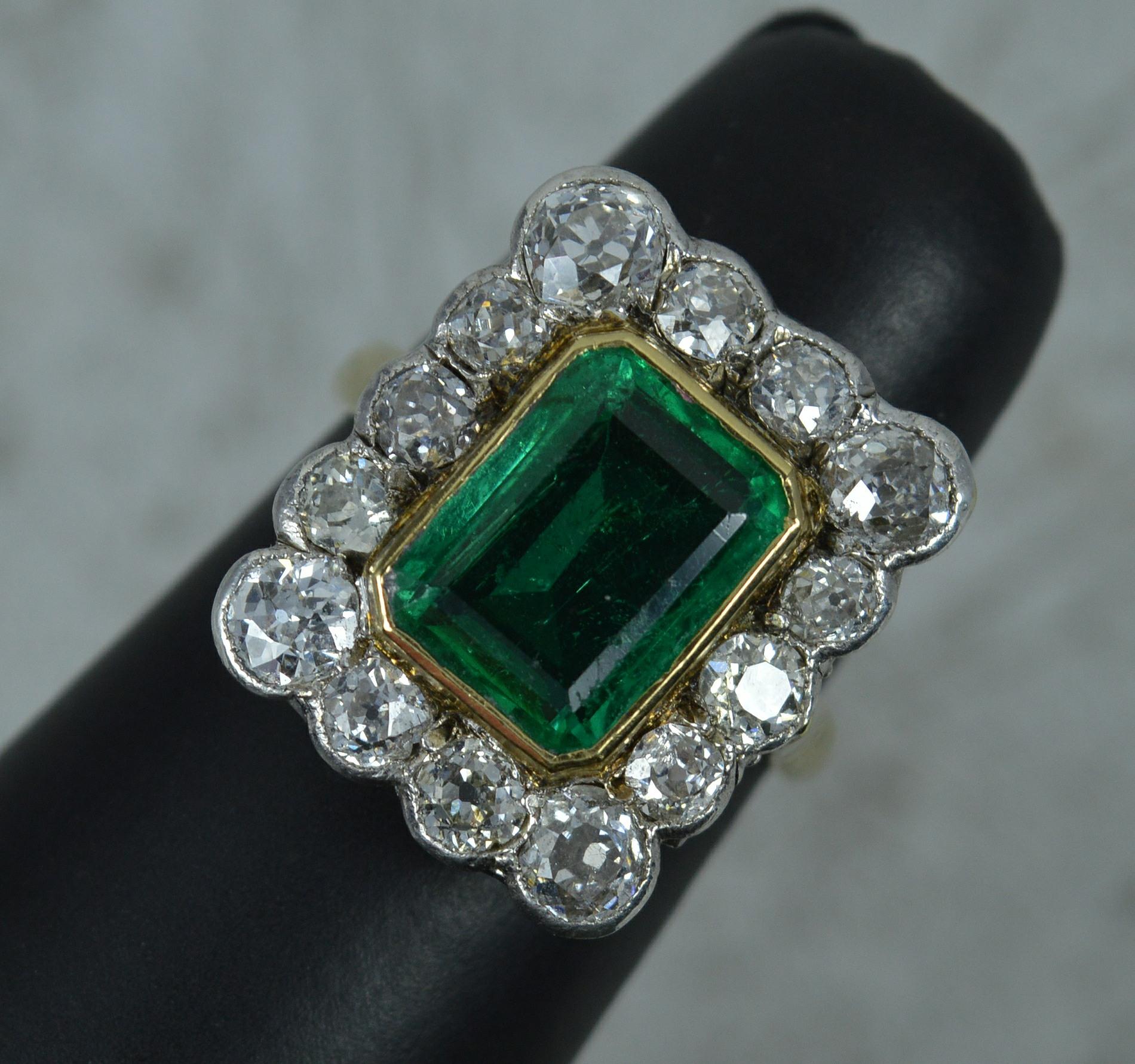 Antique Emerald and 2.00ct Old Cut Diamond 18ct Gold Cluster Ring 6