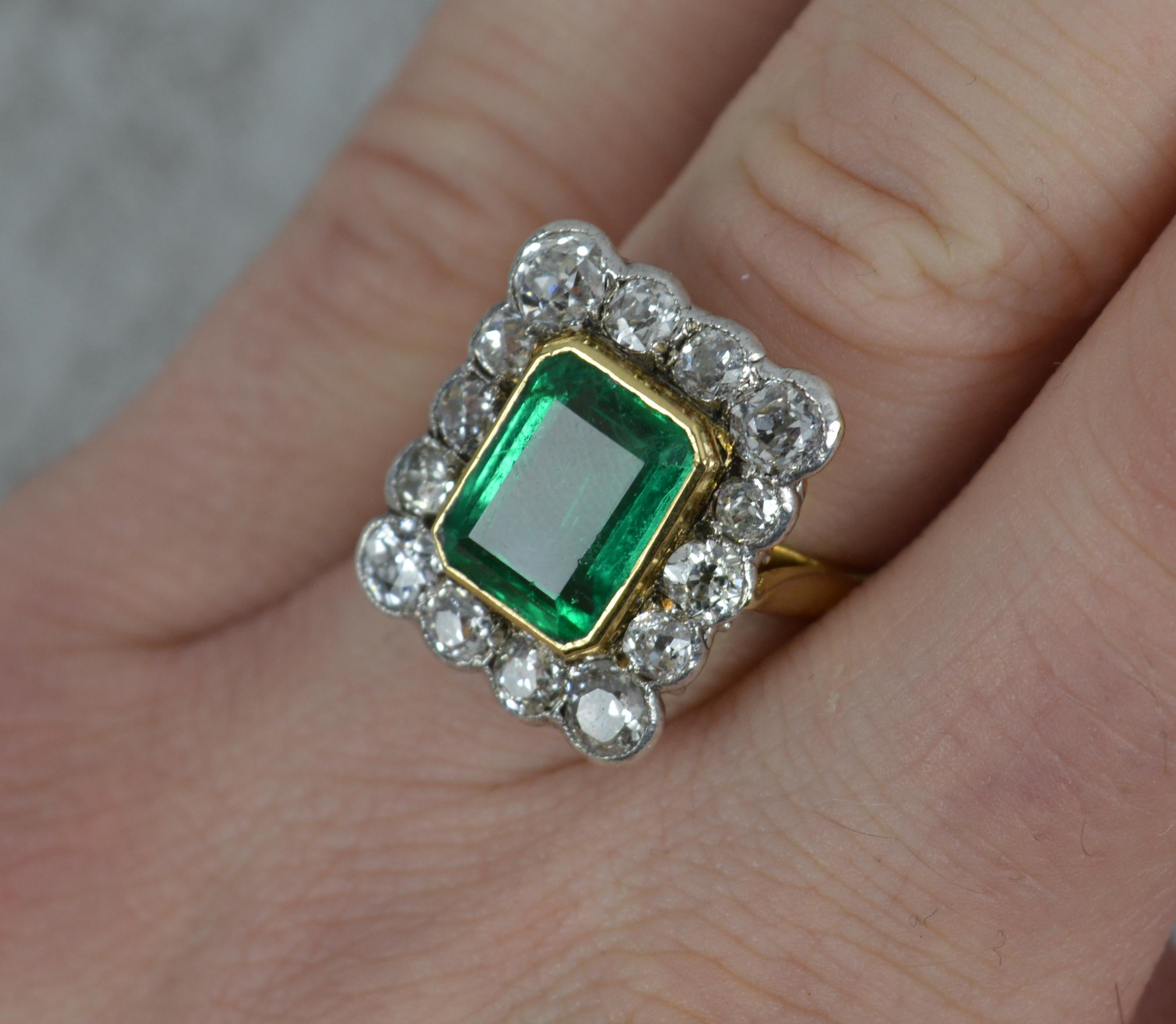 Art Deco Antique Emerald and 2.00ct Old Cut Diamond 18ct Gold Cluster Ring