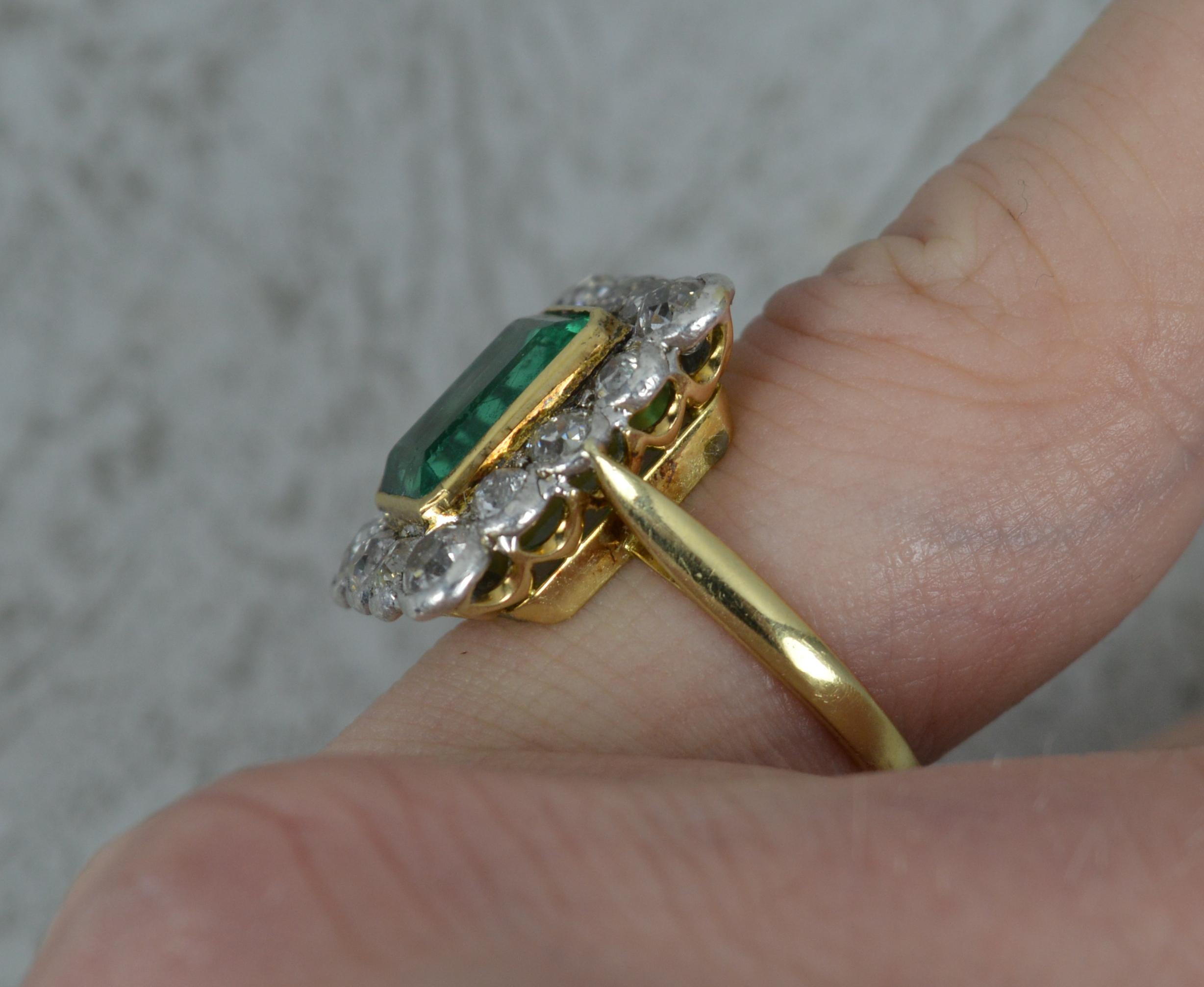 Emerald Cut Antique Emerald and 2.00ct Old Cut Diamond 18ct Gold Cluster Ring