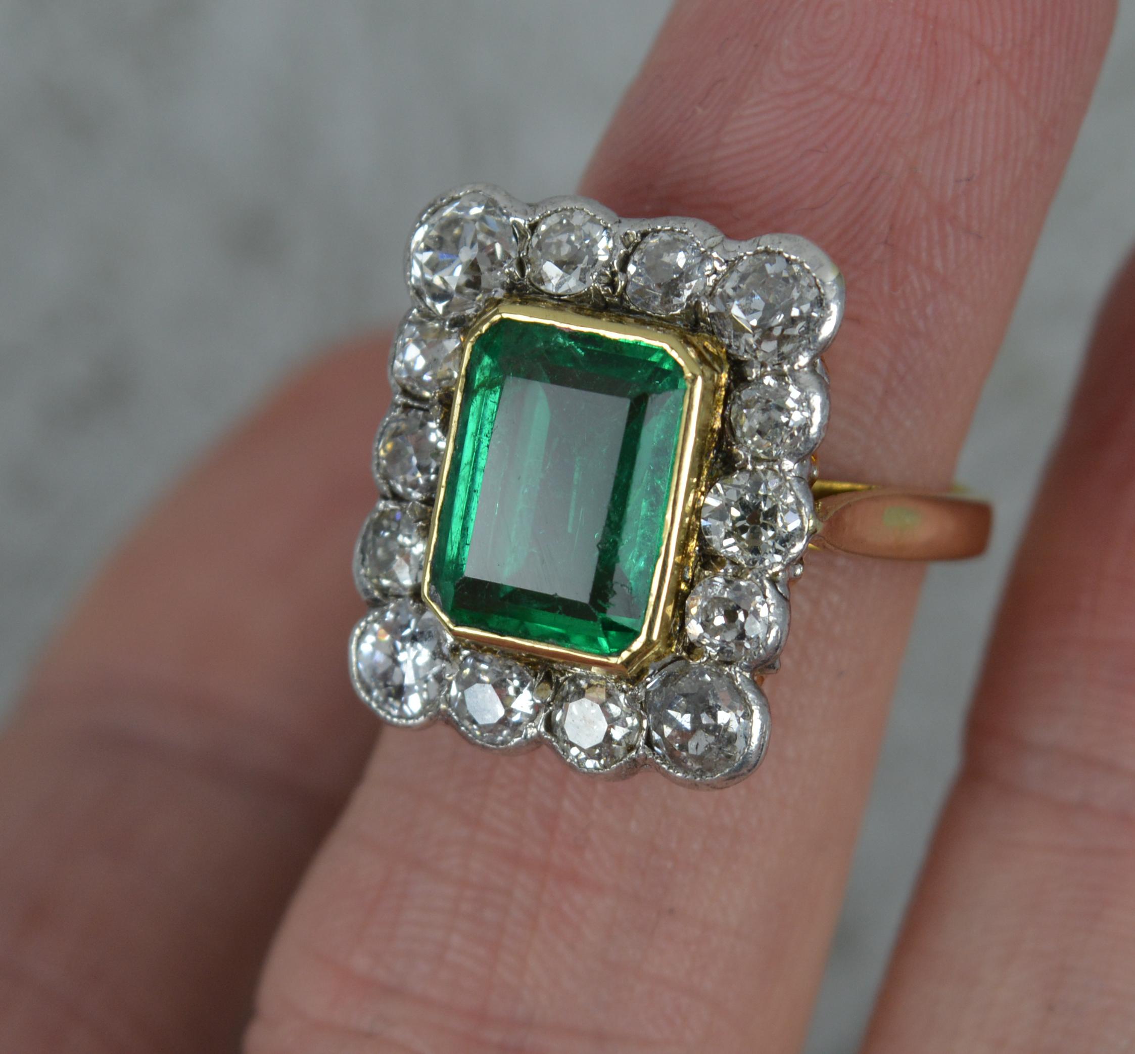Antique Emerald and 2.00ct Old Cut Diamond 18ct Gold Cluster Ring 1