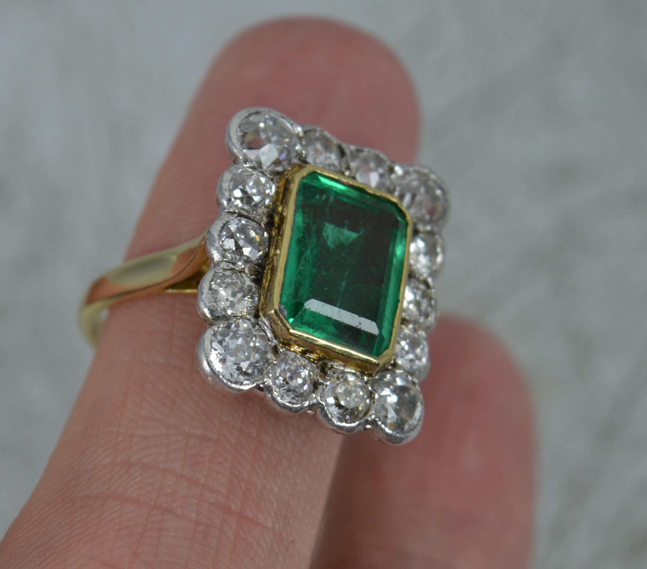 Antique Emerald and 2.00ct Old Cut Diamond 18ct Gold Cluster Ring 2