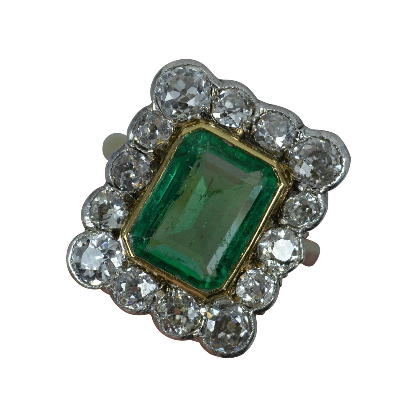 Antique Emerald and 2.00ct Old Cut Diamond 18ct Gold Cluster Ring